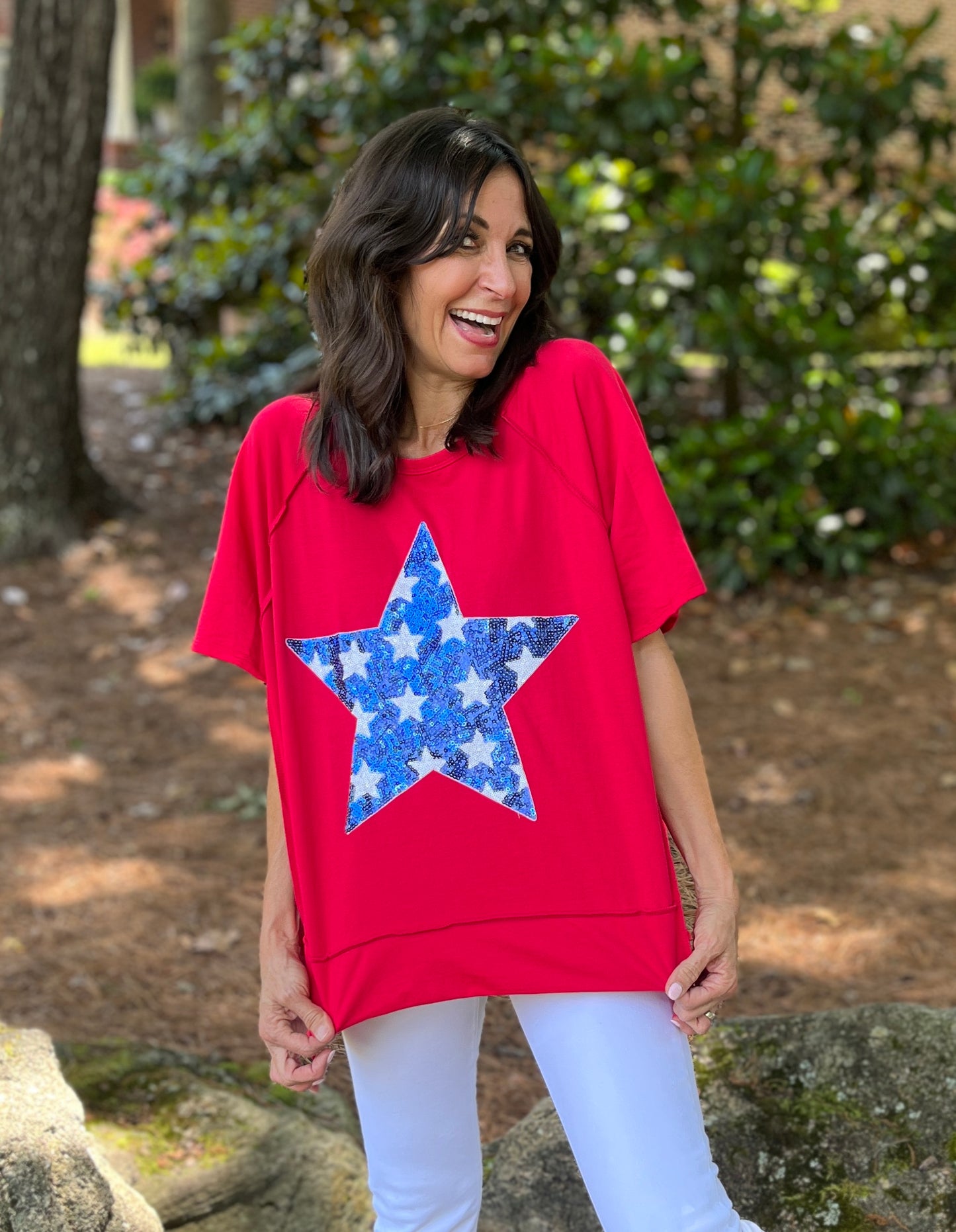 Blue Star Sequin Red Top