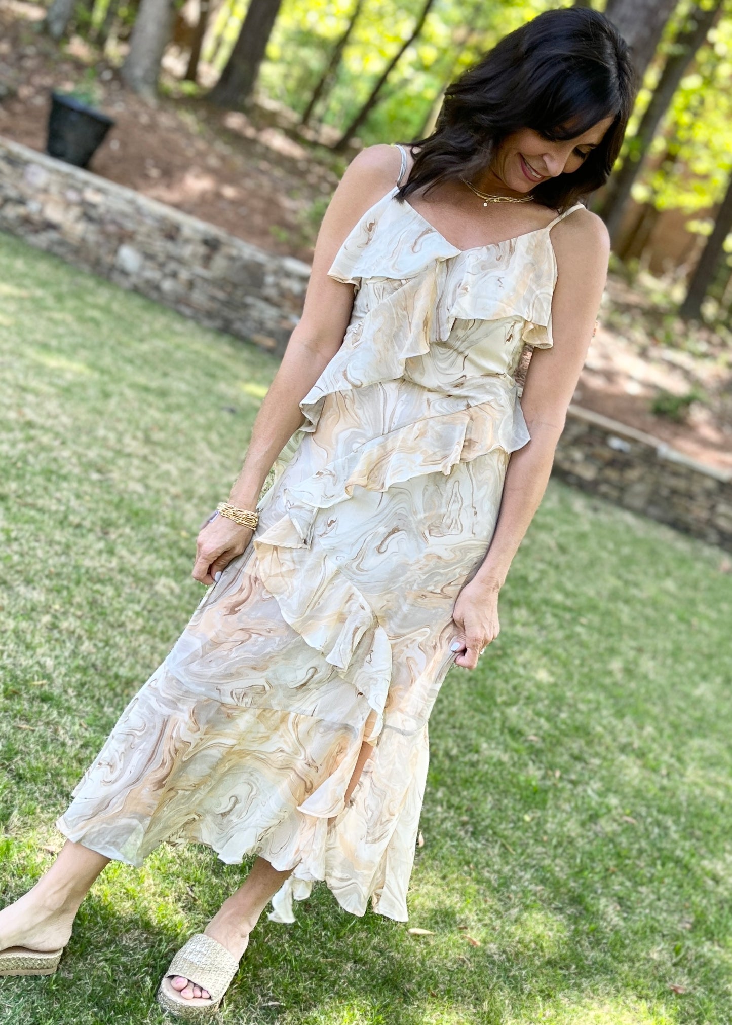 Ruffled Chiffon Marbled Maxi Dress