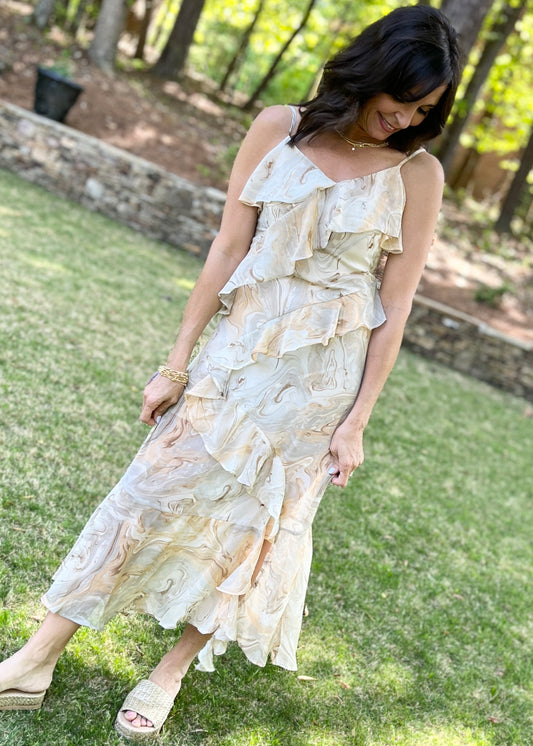 Ruffled Chiffon Marbled Maxi Dress