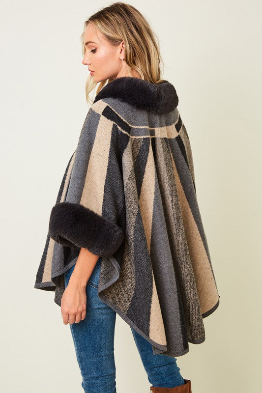 Multi Color Stripe Fur Accent Poncho Sweater