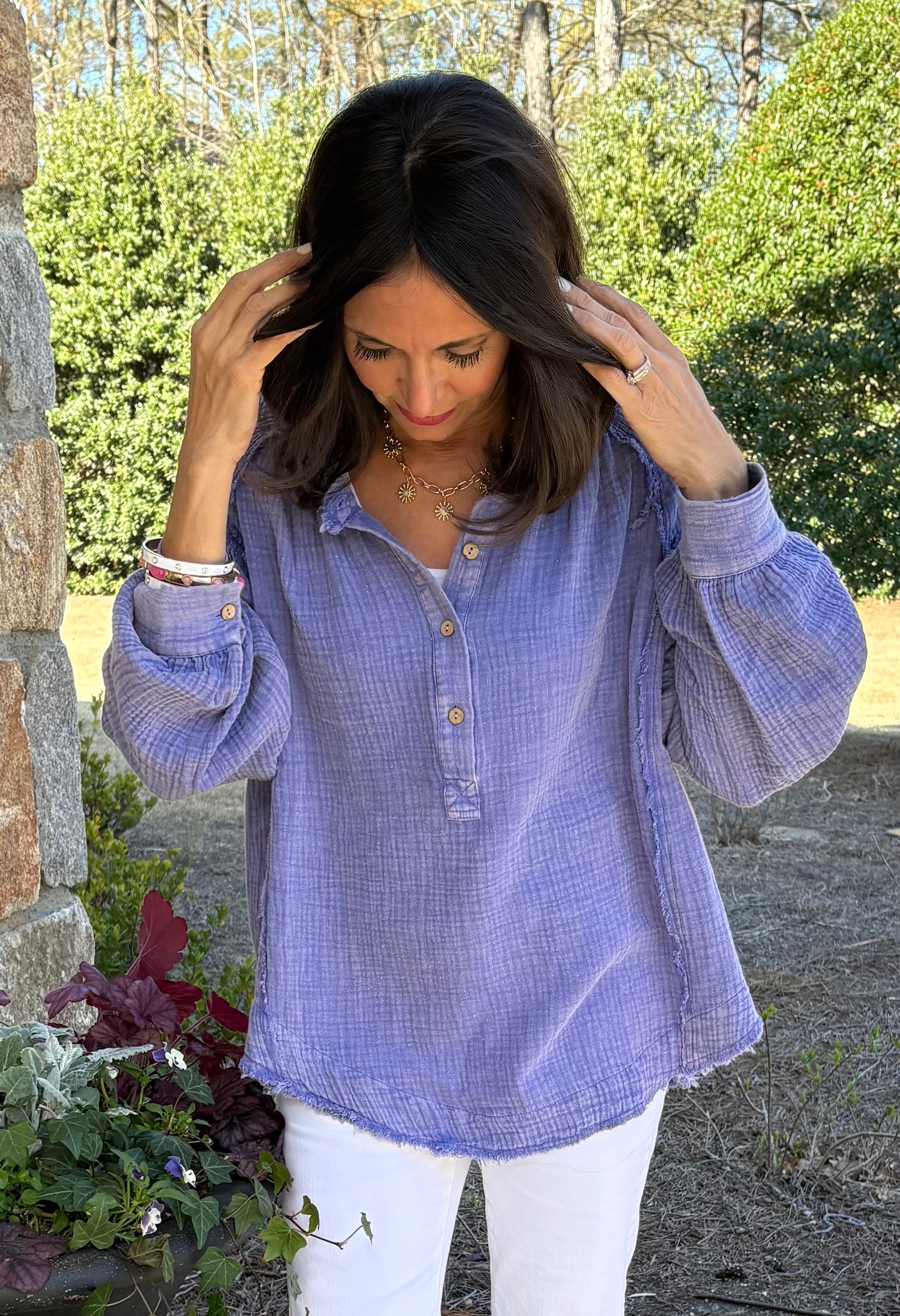 Purple Mineral Washed Button Down Blouse