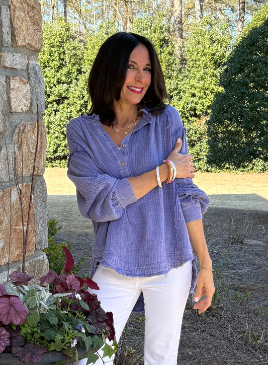 Purple Mineral Washed Button Down Blouse
