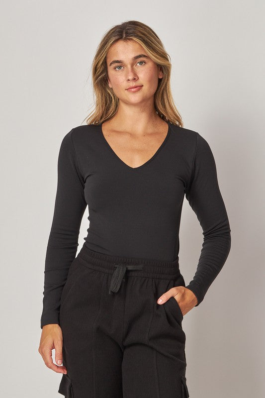 Fleece Lined V Neck Long Sleeve Top /2 colors