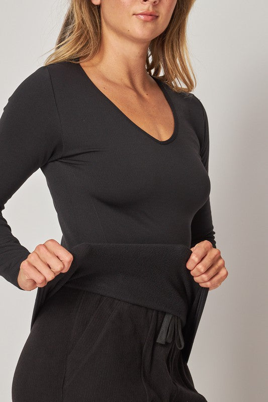 Fleece Lined V Neck Long Sleeve Top /2 colors