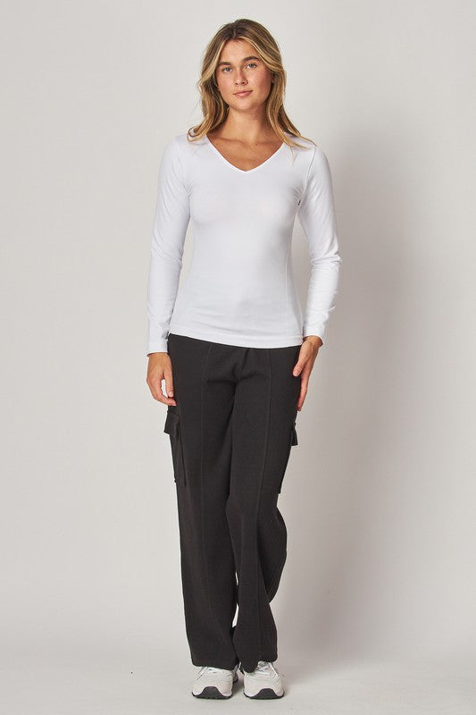 Fleece Lined V Neck Long Sleeve Top /2 colors