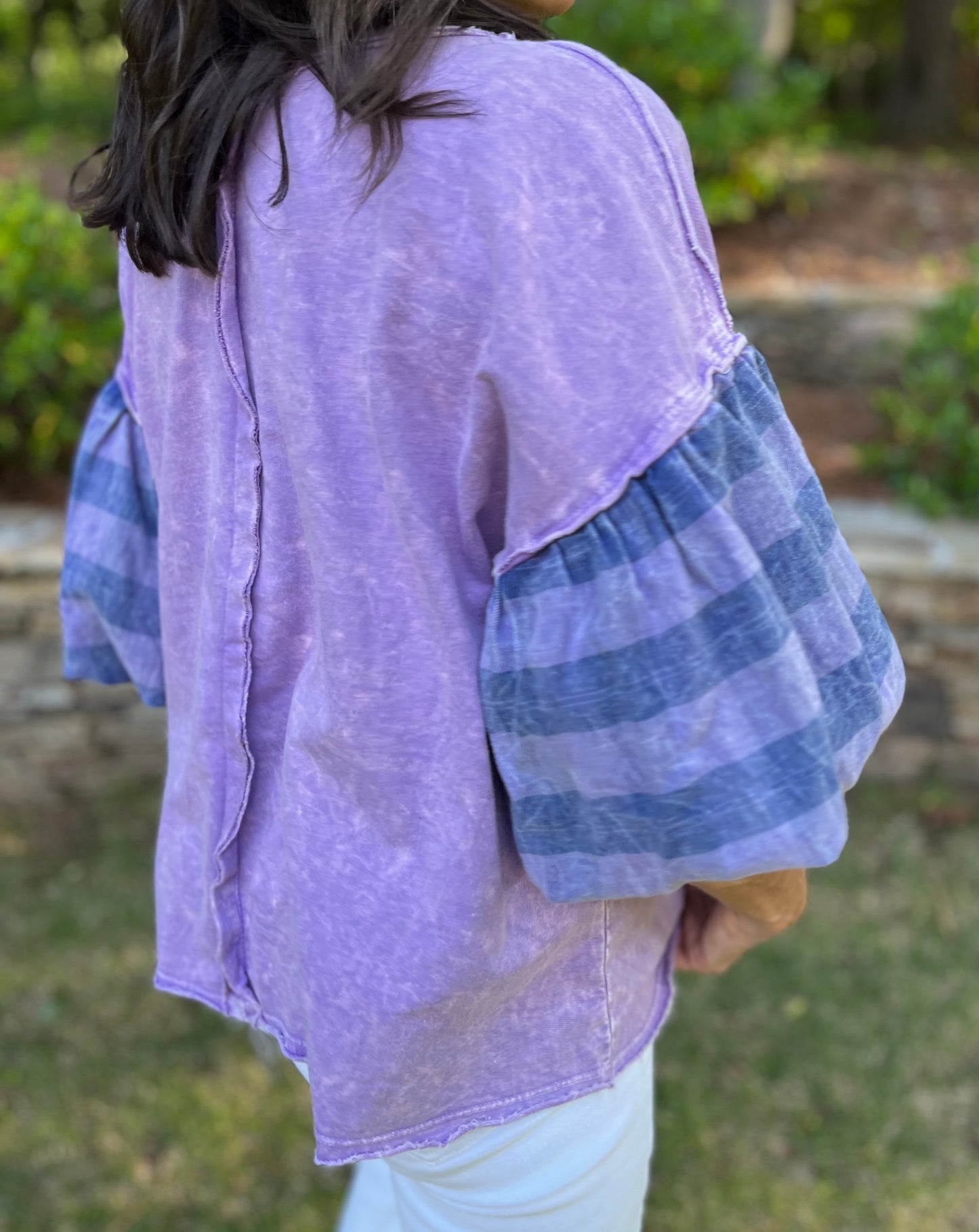 Mineral Washed Plaid Puff Sleeve Top