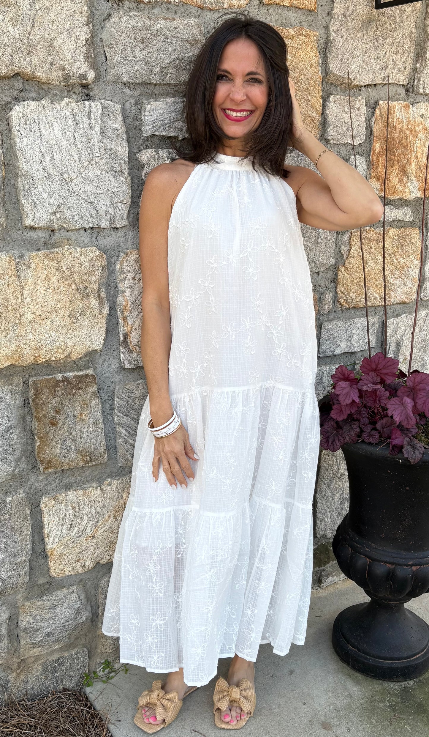 Jacquered White Halter Dress