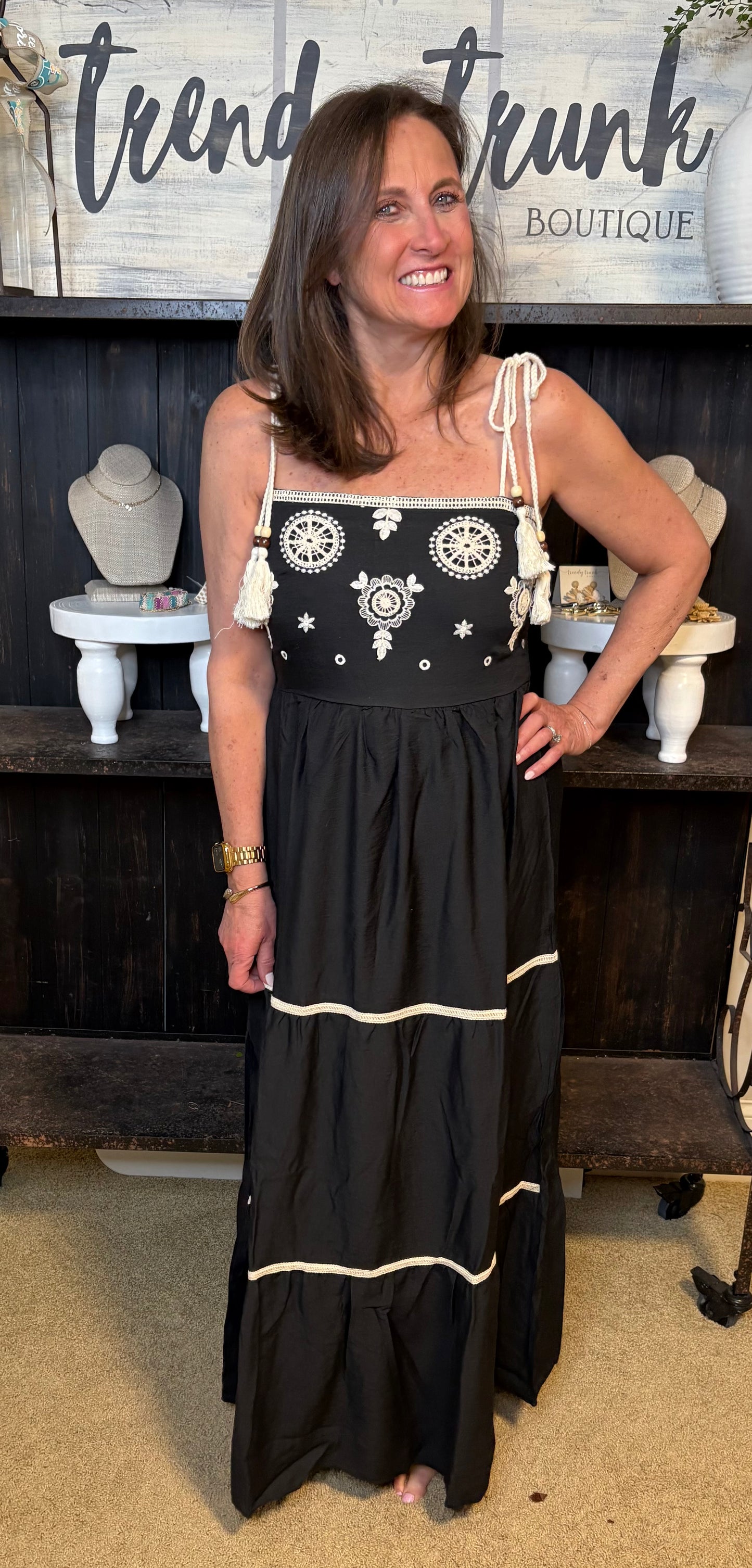 Medallion Embroidered Black Maxi Dress