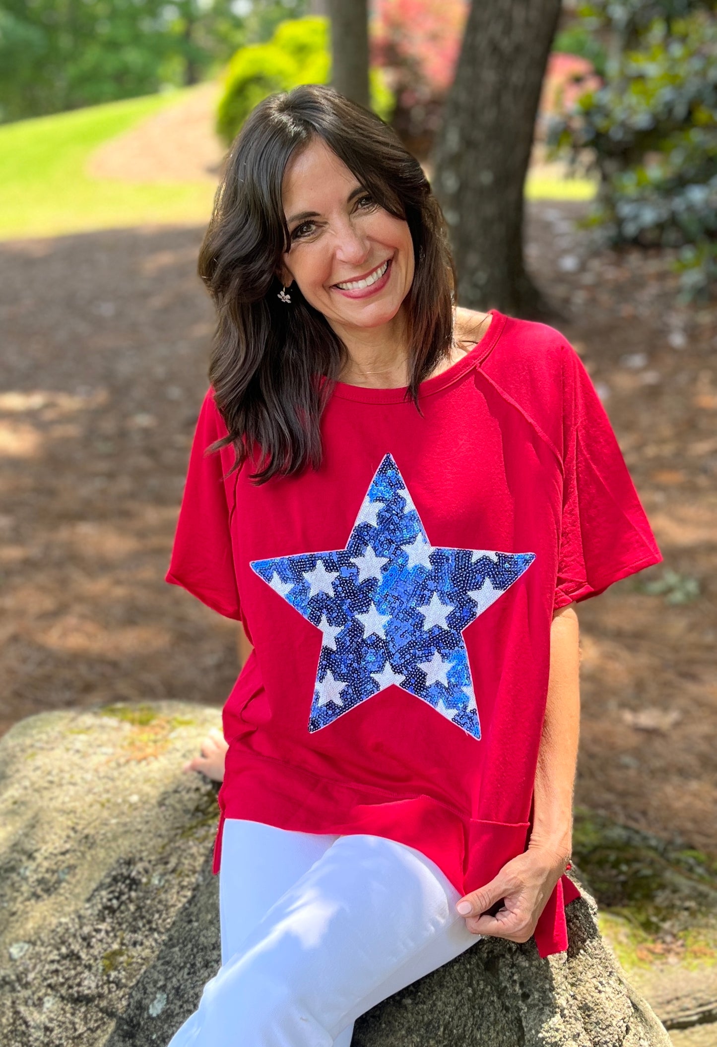 Blue Star Sequin Red Top
