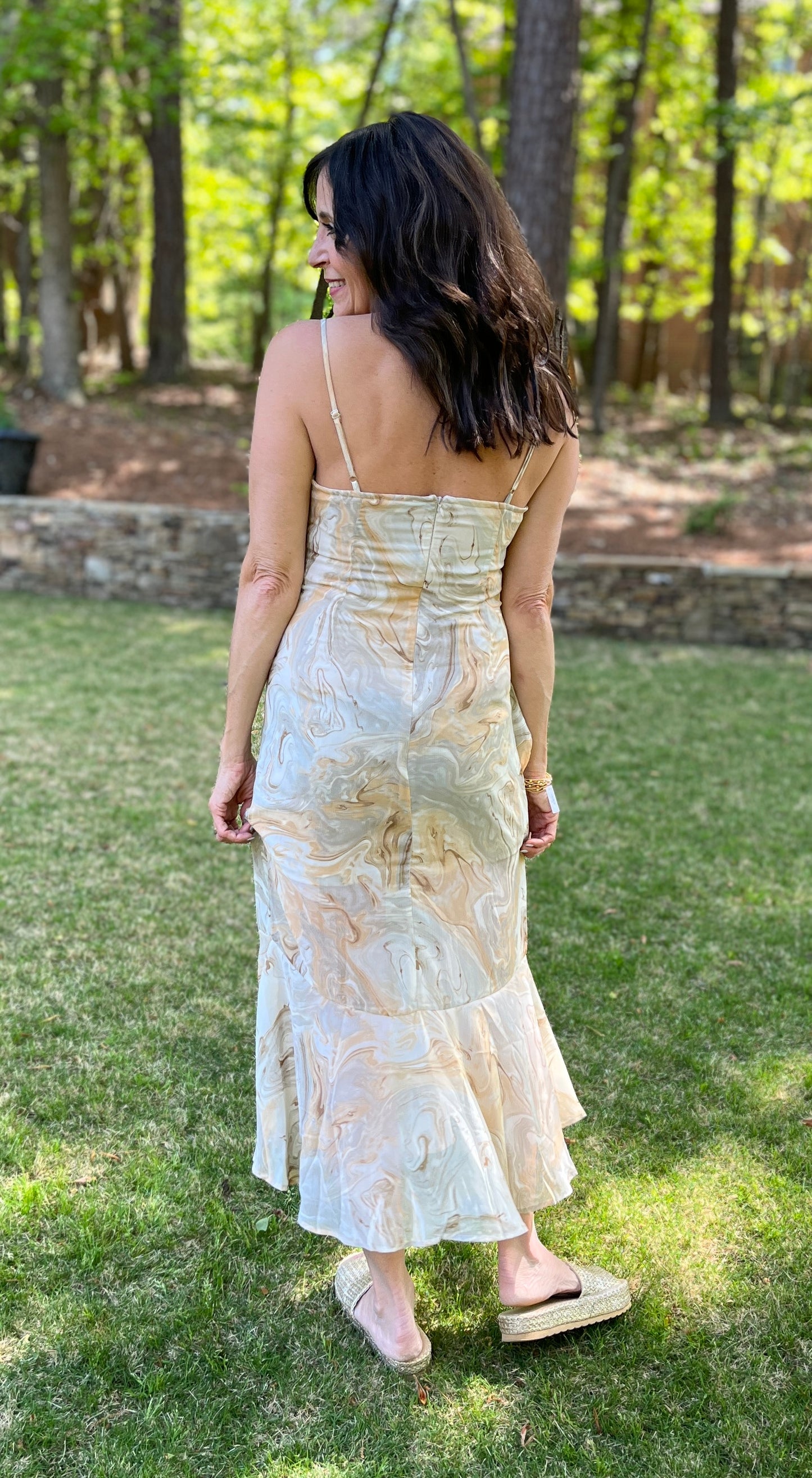 Ruffled Chiffon Marbled Maxi Dress