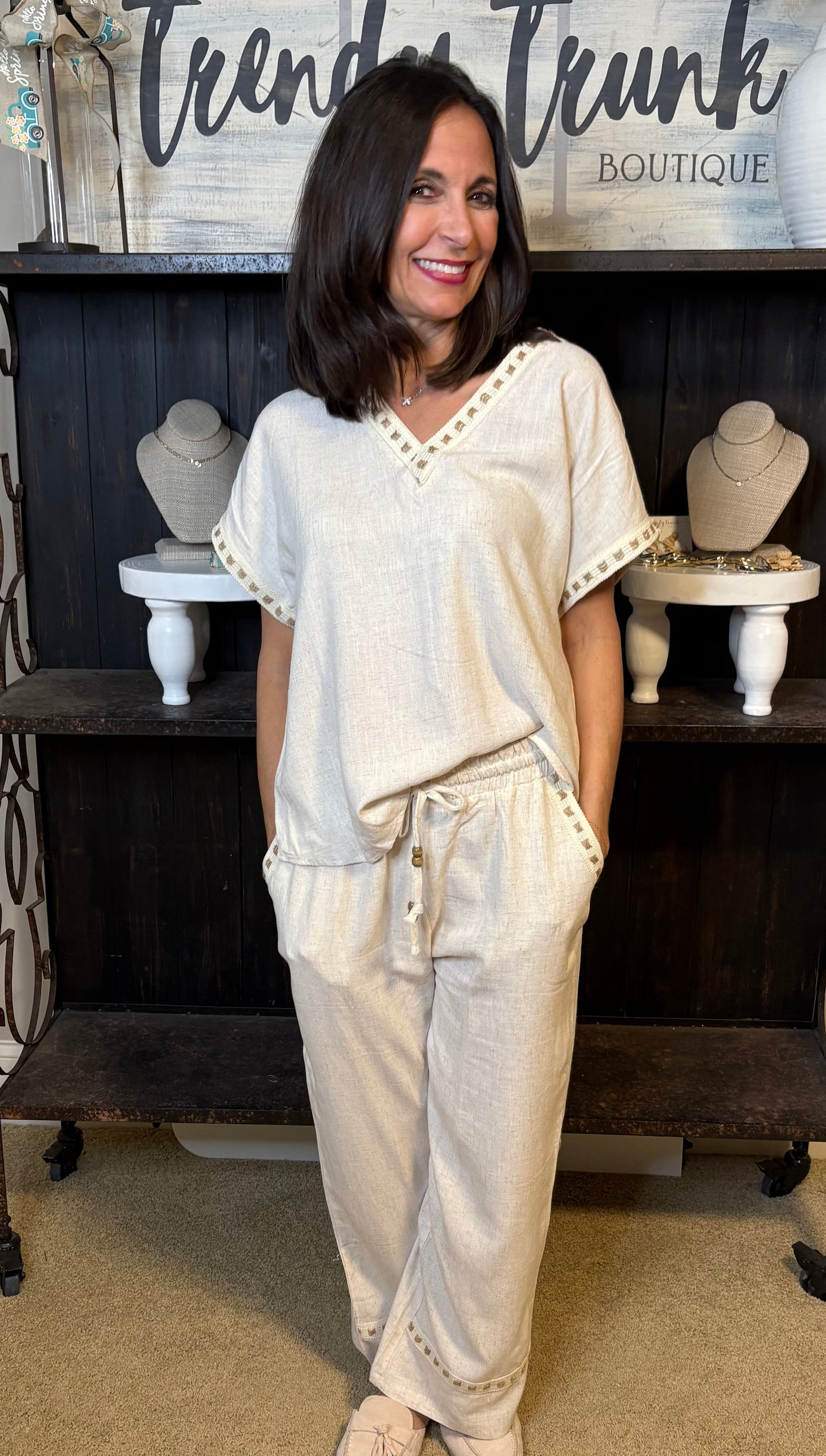 Linen Hemstich Trim Short Sleeve Top