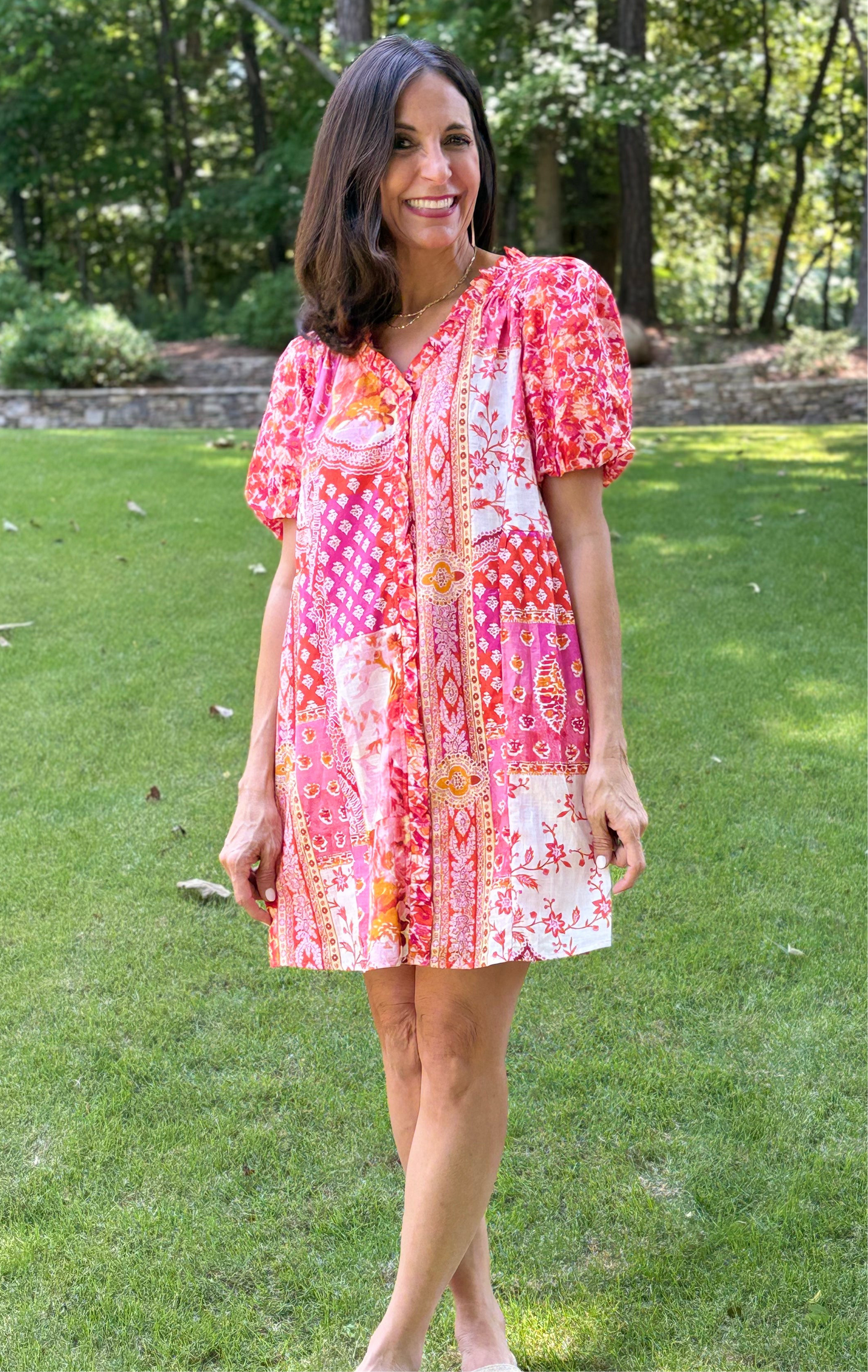 Pink Mixed Print Short Sleeve Dress