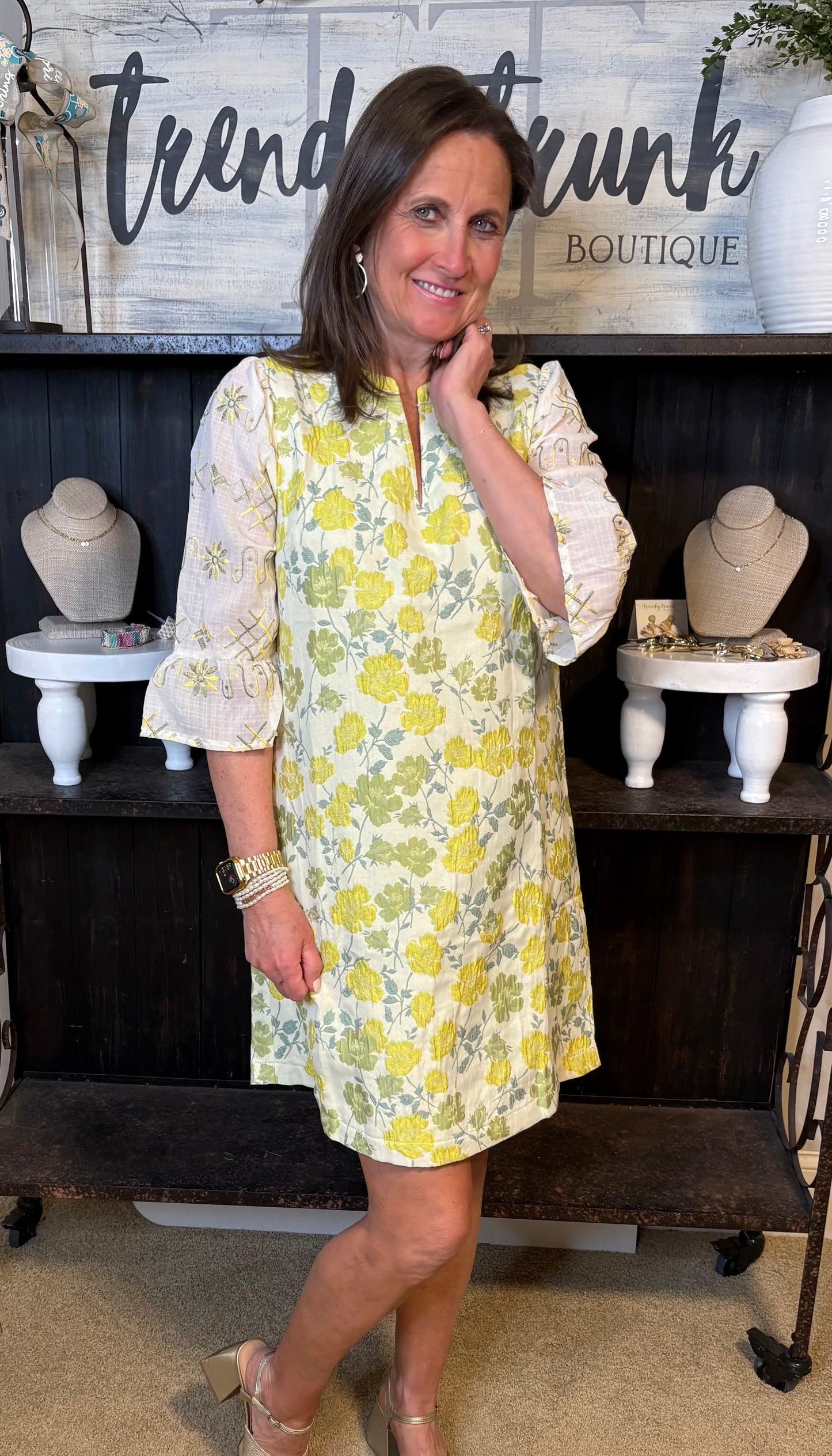 Yellow Floral Jacquered Contrast Sheer Sleeve Dress