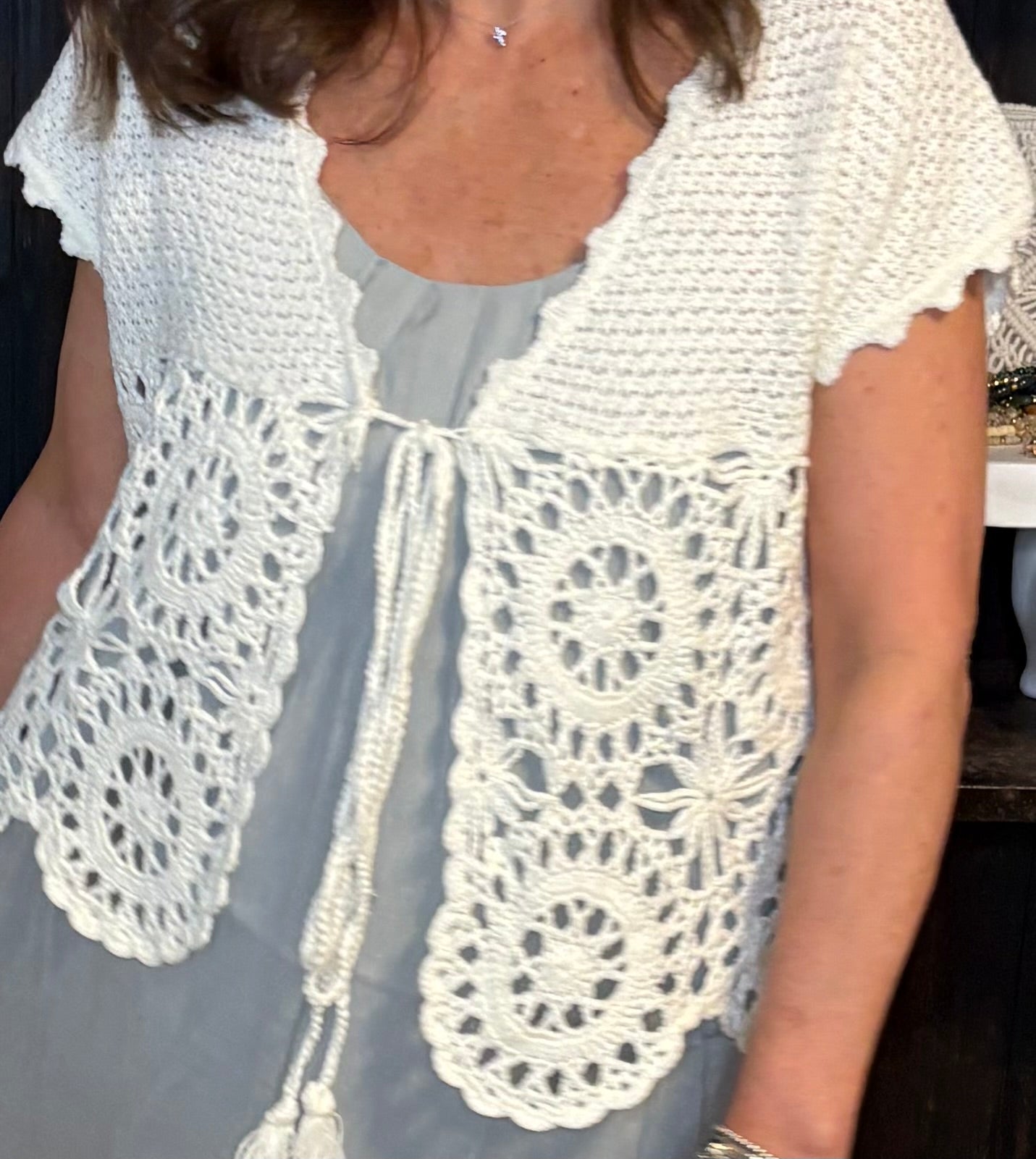 Crochet Cream Tie Front Short Sleeve Top