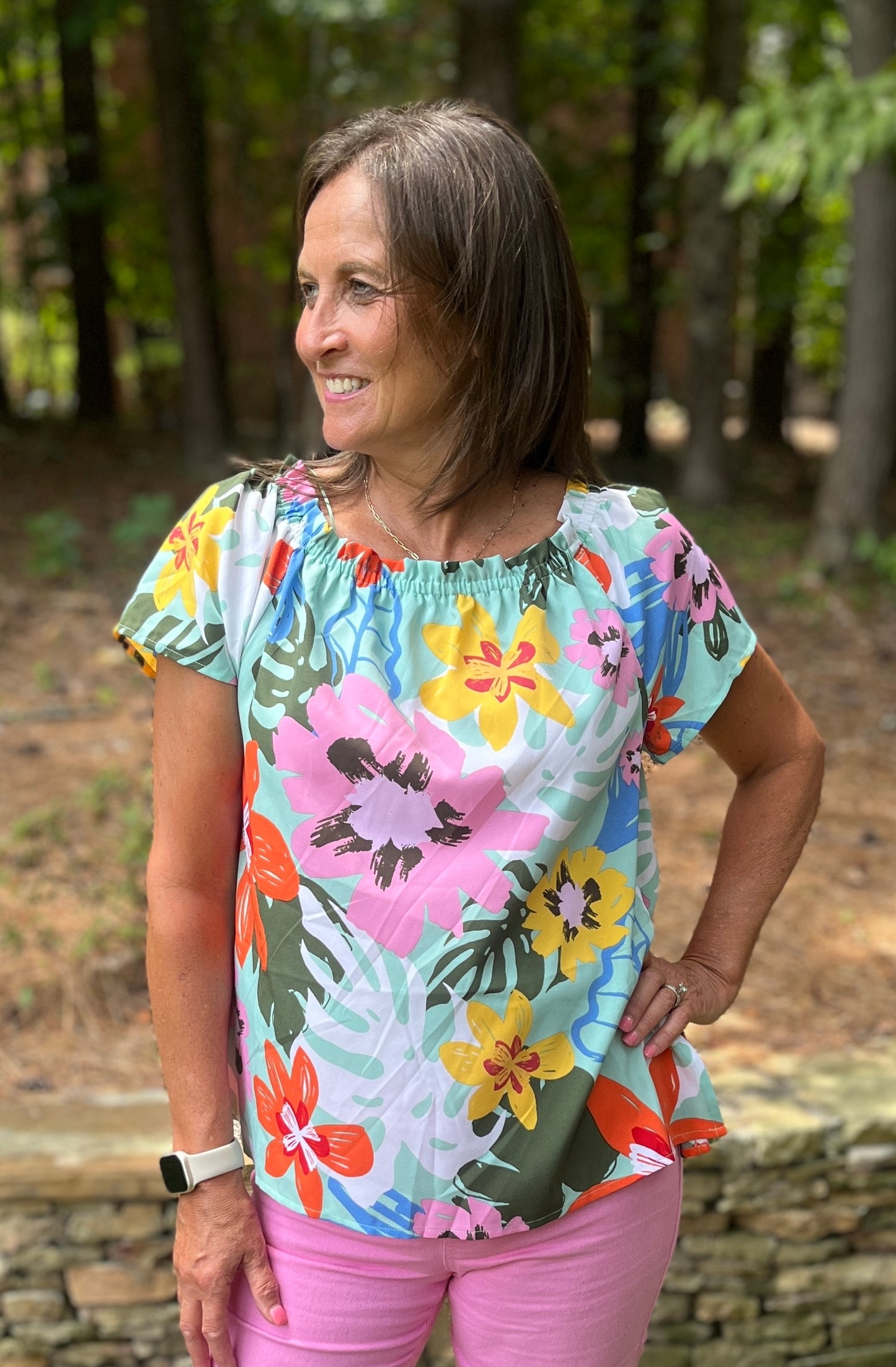 Tropical printed off shoulder top