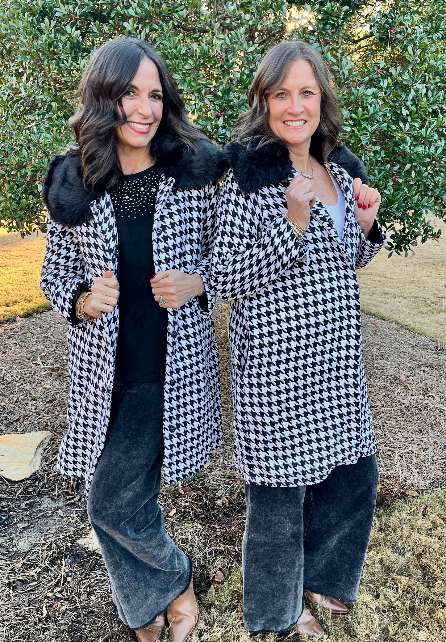 Riley Houndstooth Knee Length Coat