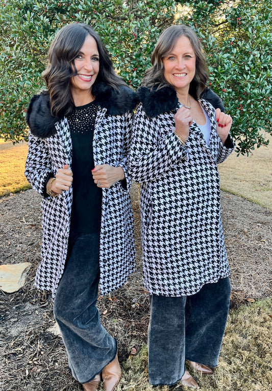 Riley Houndstooth Knee Length Coat