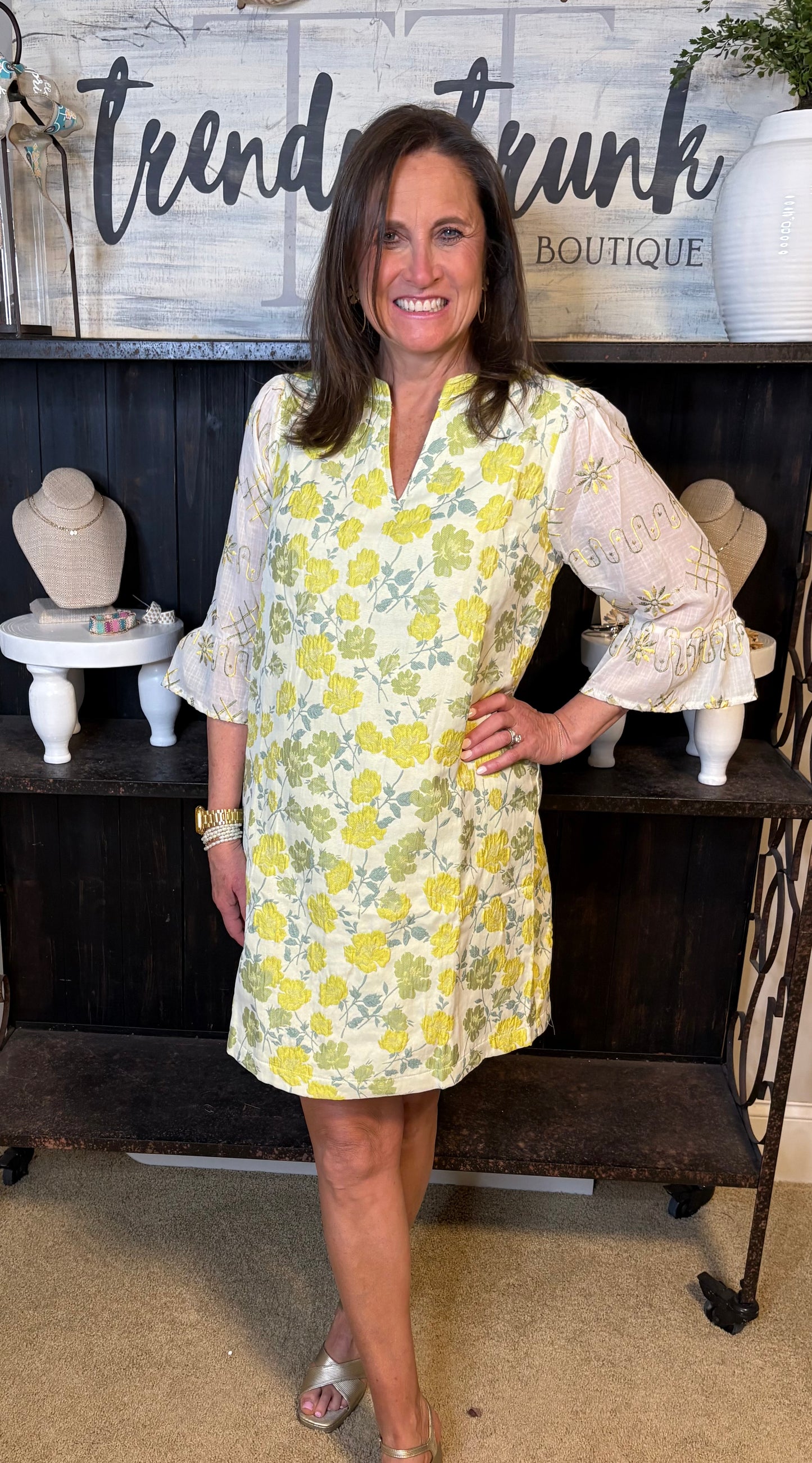 Yellow Floral Jacquered Contrast Sheer Sleeve Dress