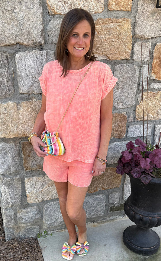 Washed Double Gauze Frayed Hem Drawstring Shorts /3 colors