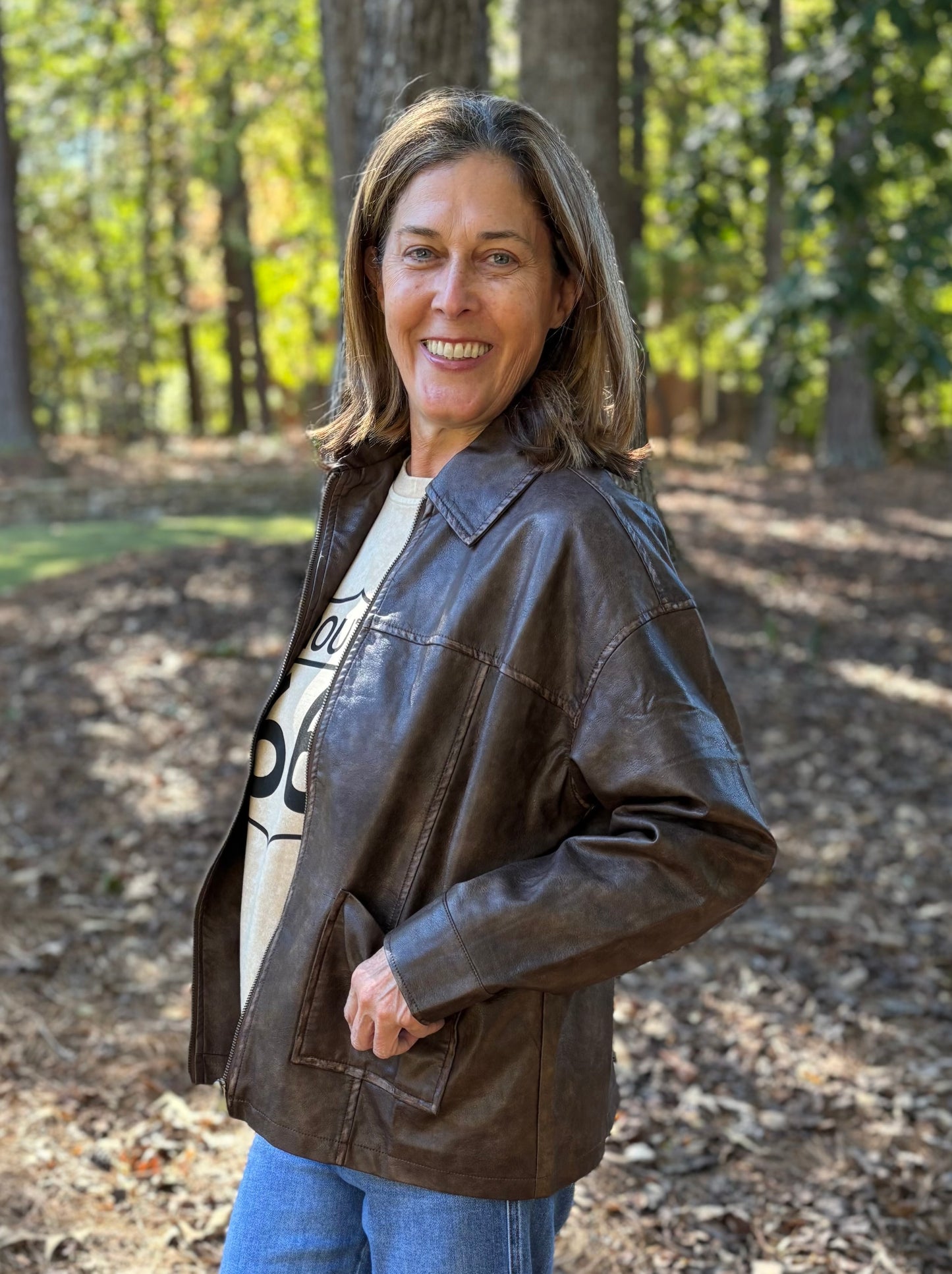 Washed Faux Leather Collared Jacket