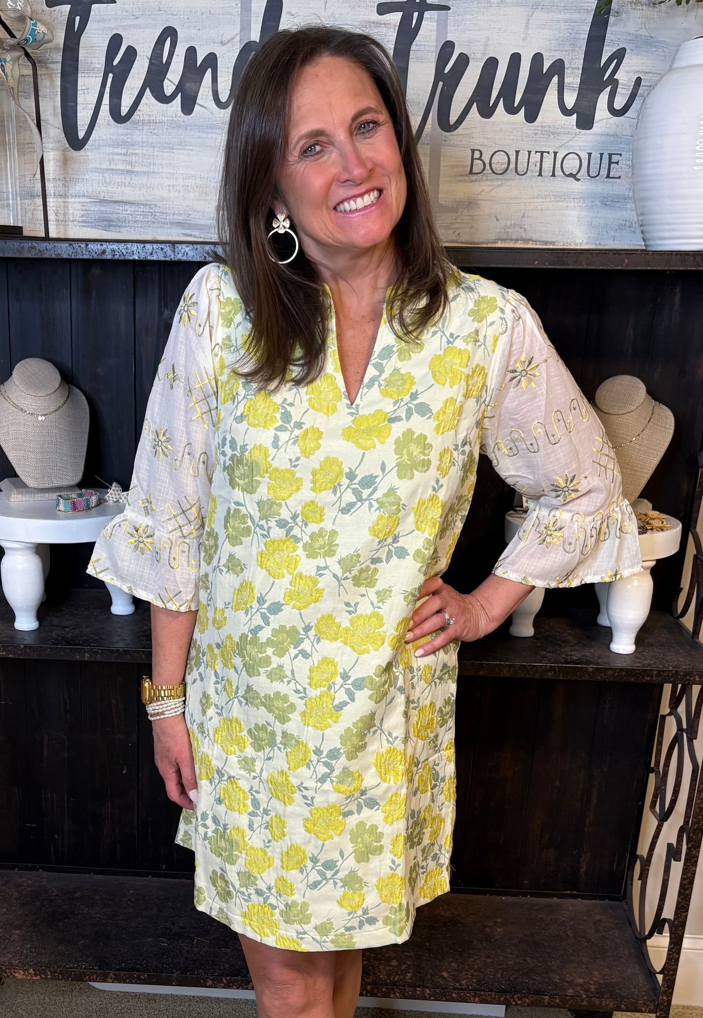 Yellow Floral Jacquered Contrast Sheer Sleeve Dress