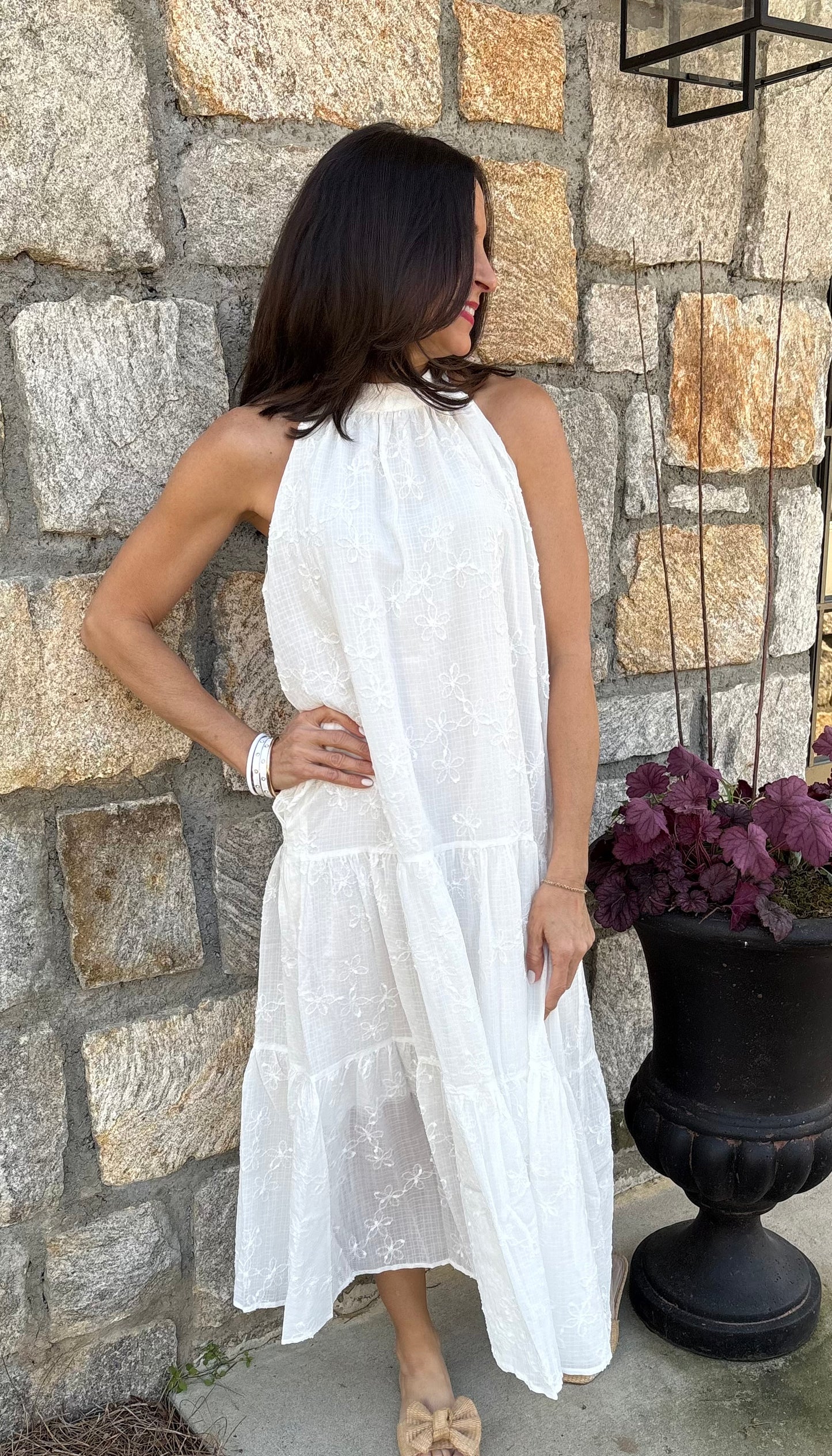 Jacquered White Halter Dress