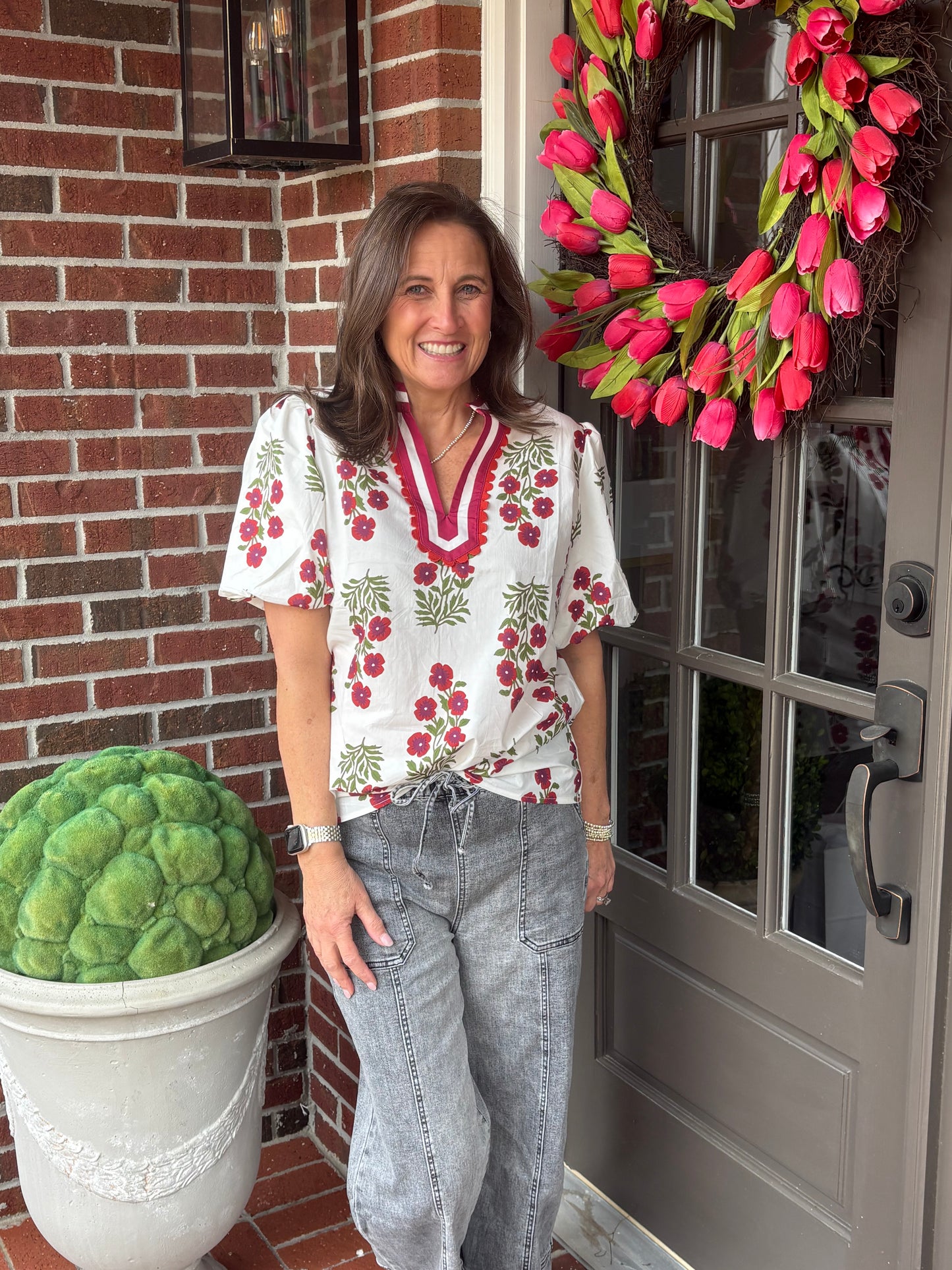 White Floral V Neck Bubble Sleeve Blouse