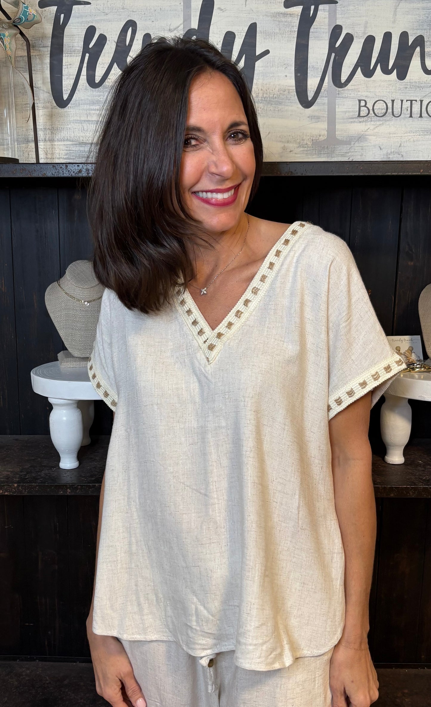 Linen Hemstich Trim Short Sleeve Top