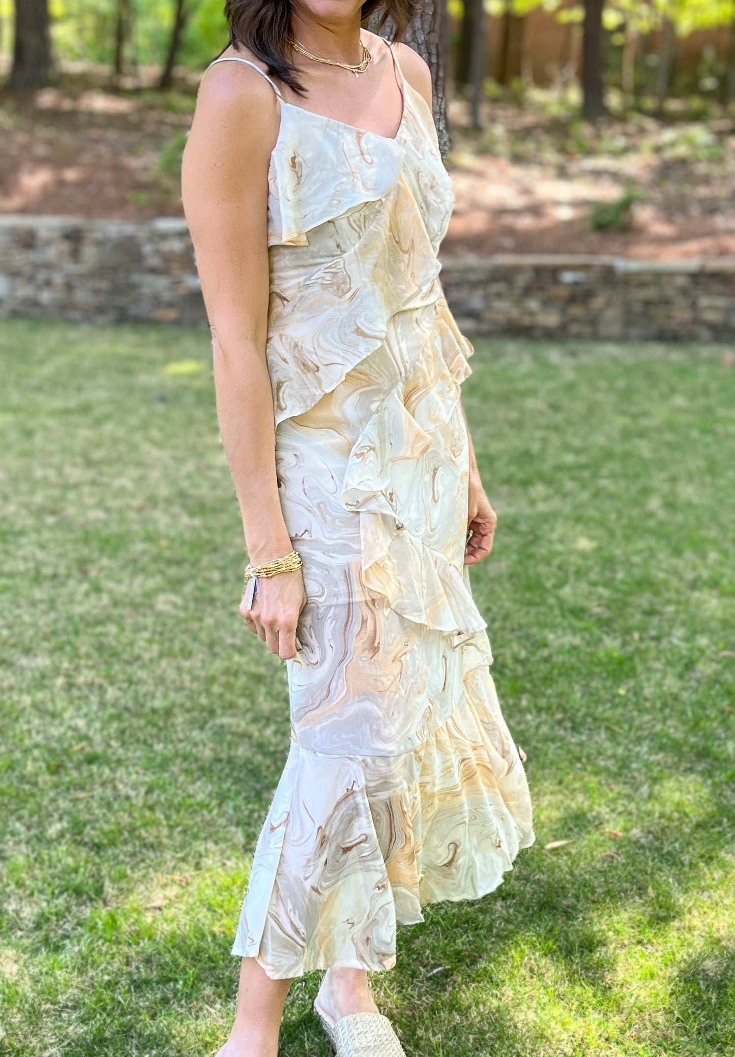 Ruffled Chiffon Marbled Maxi Dress