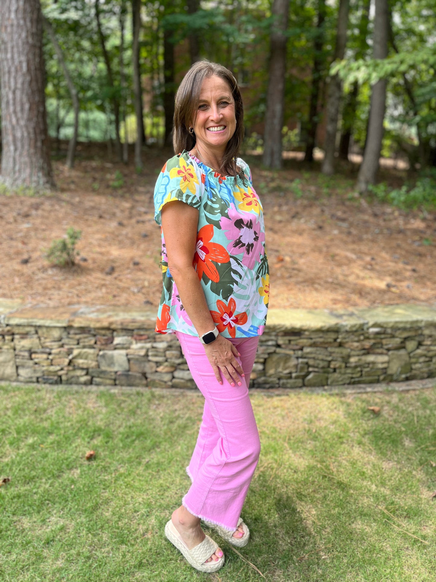 Tropical printed off shoulder top