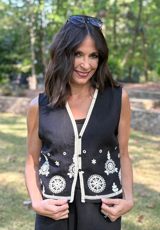 Medallion Embroidered Black V neck buttoned Vest