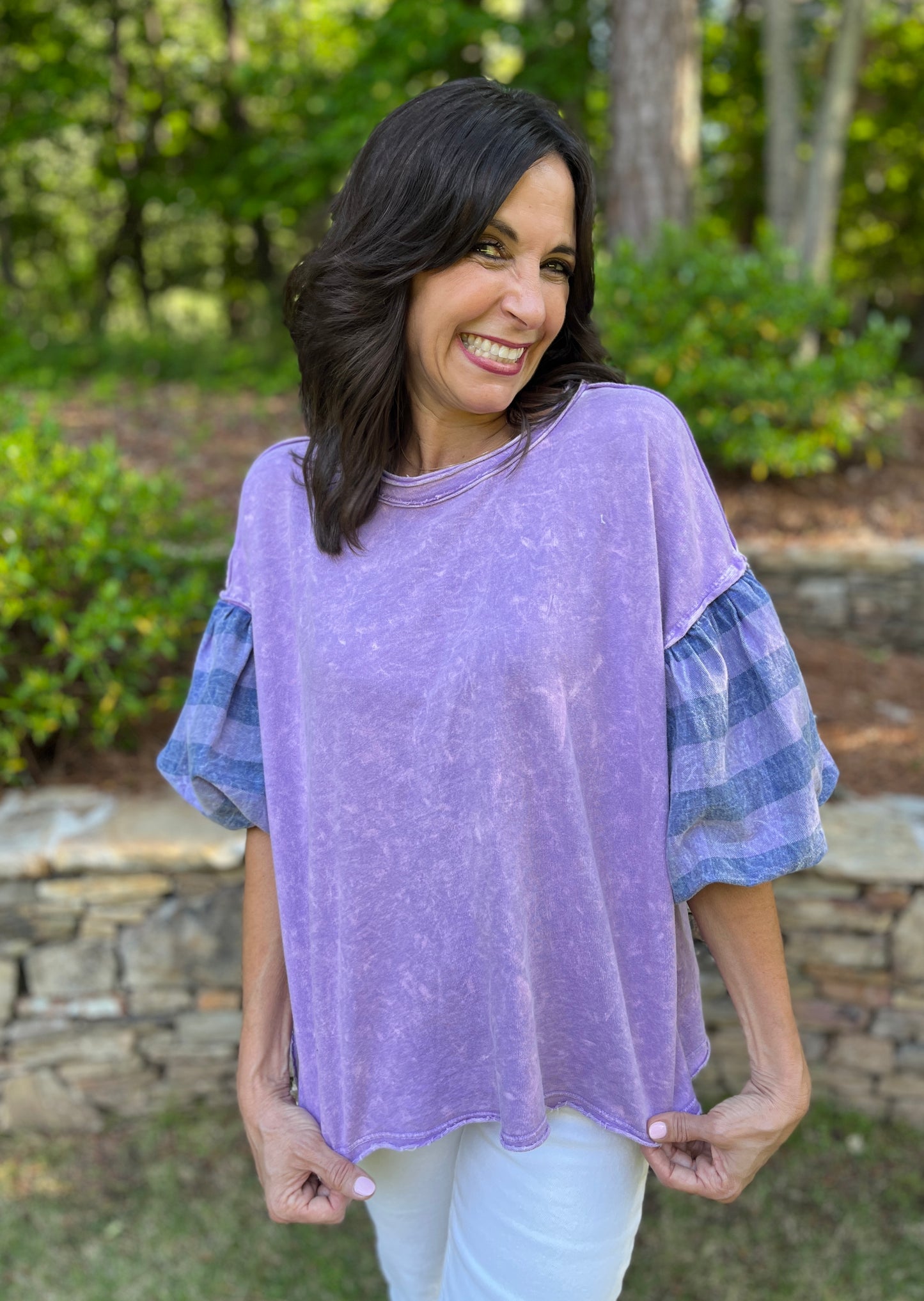 Mineral Washed Plaid Puff Sleeve Top