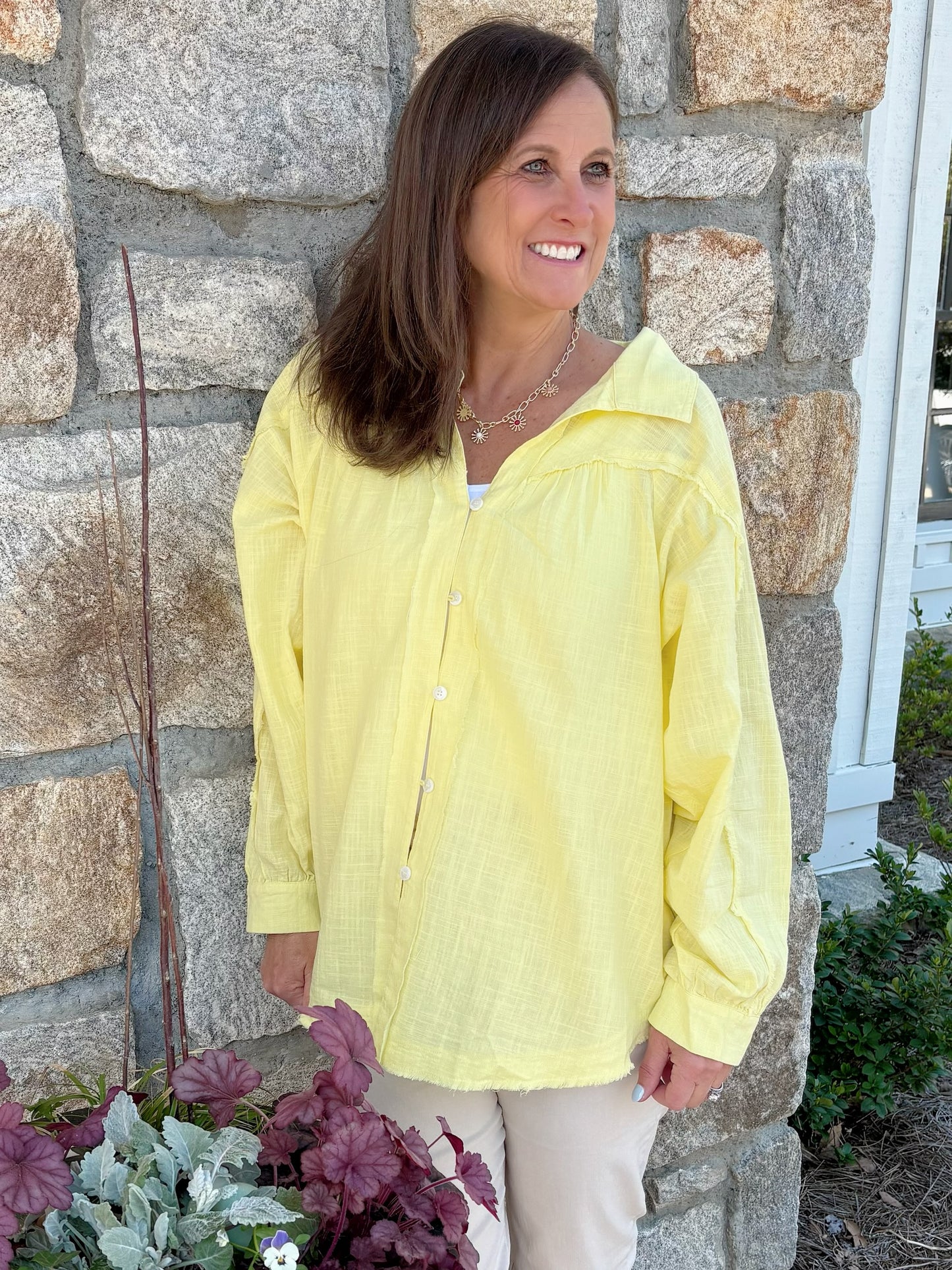 Yellow Button Front Cotton Blouse