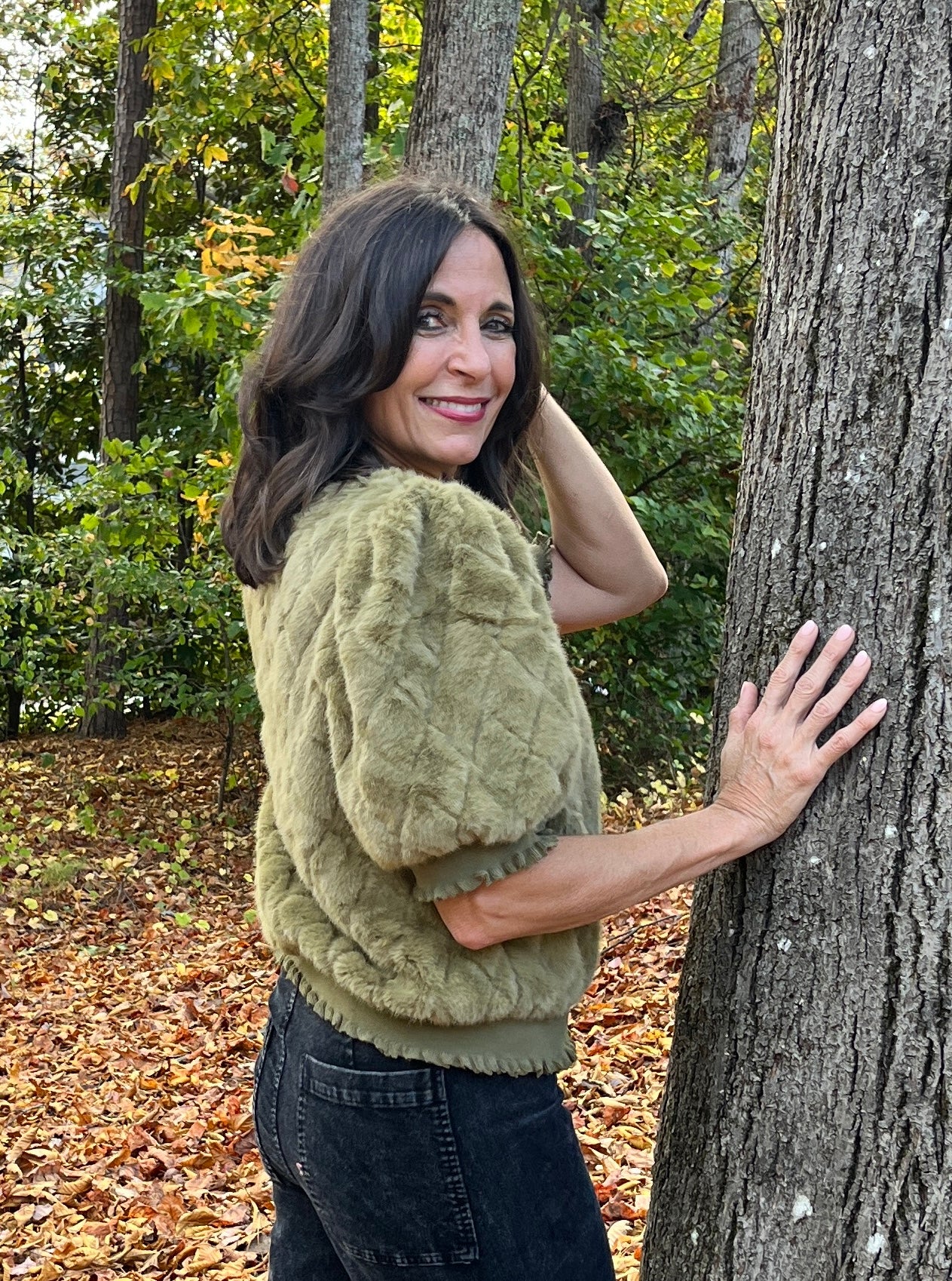 Olive Fuzzy Quilted Fur Top