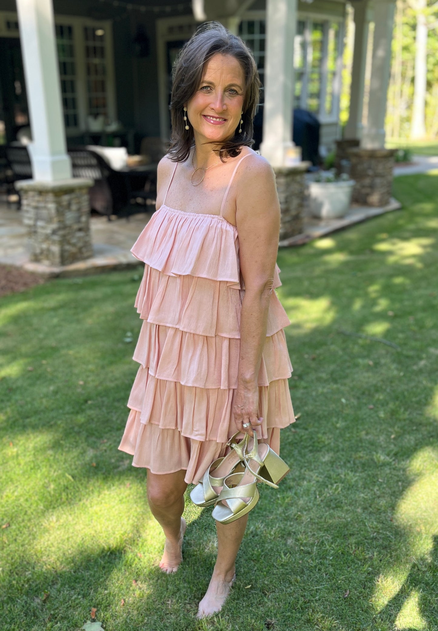 Powder Pink Spaghetti Strap Tiered Dress
