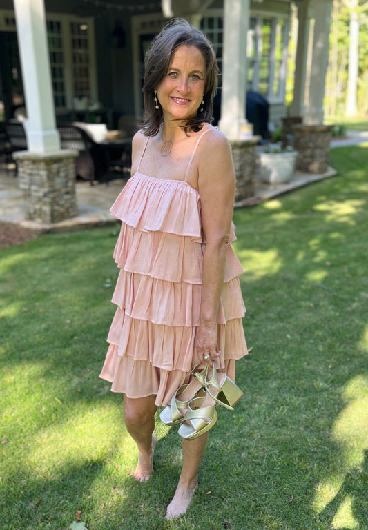Powder Pink Spaghetti Strap Tiered Dress