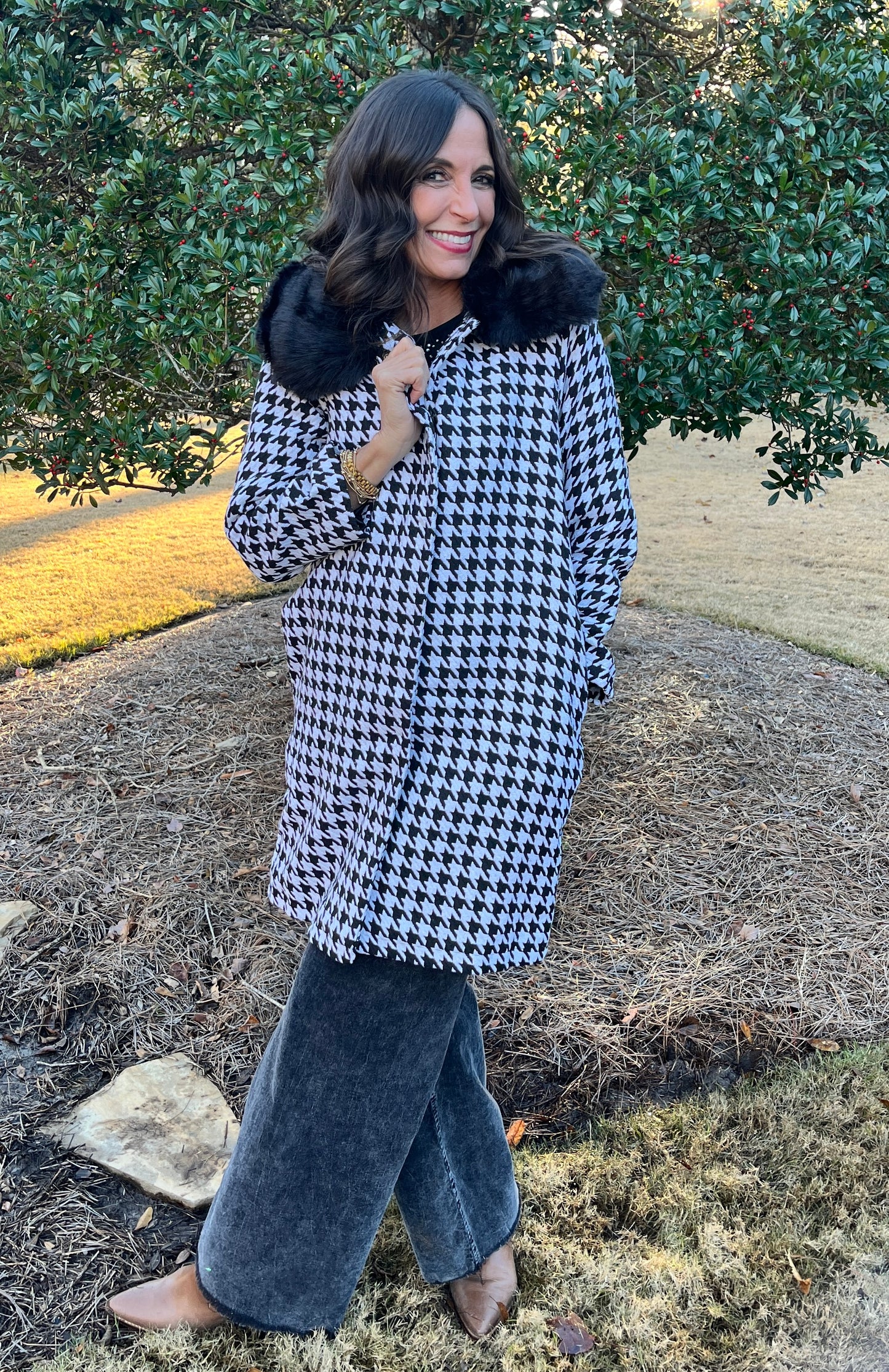 Riley Houndstooth Knee Length Coat
