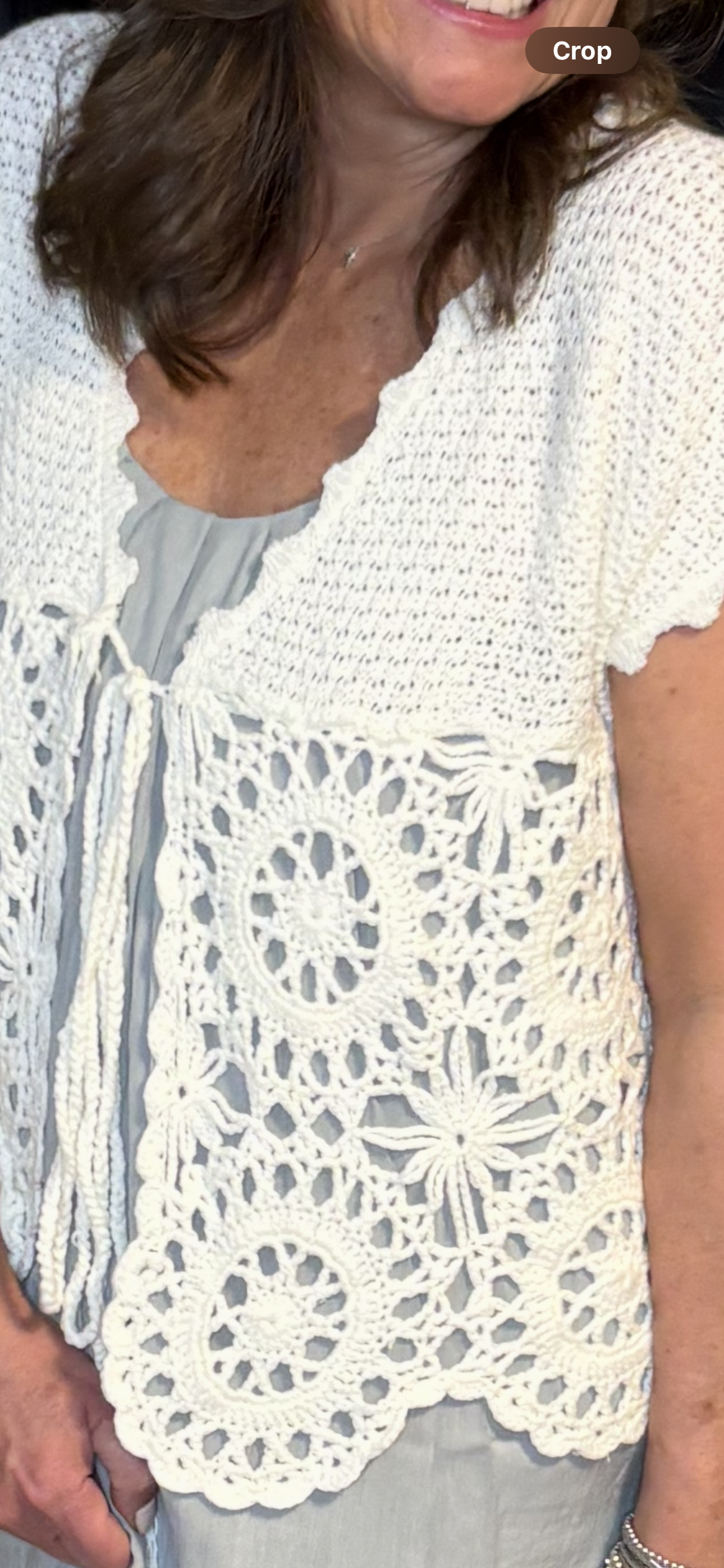 Crochet Cream Tie Front Short Sleeve Top