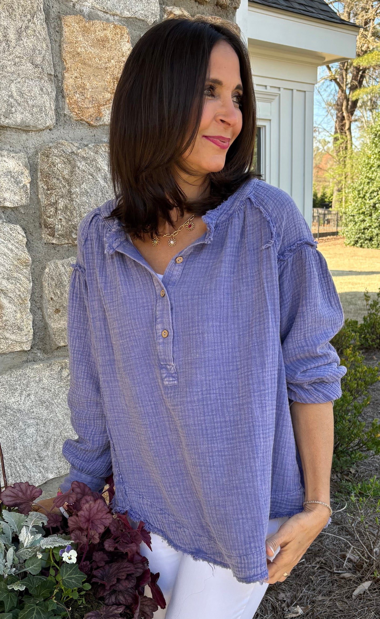 Purple Mineral Washed Button Down Blouse