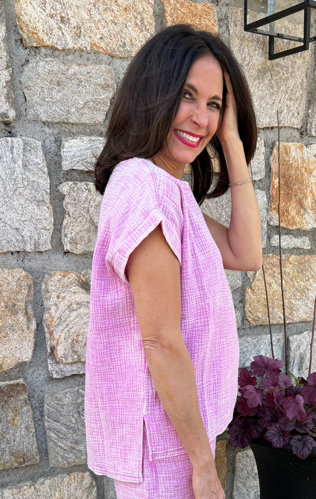 Woven Double Gauze Acid Washed Short Sleeve Top / 3 colors