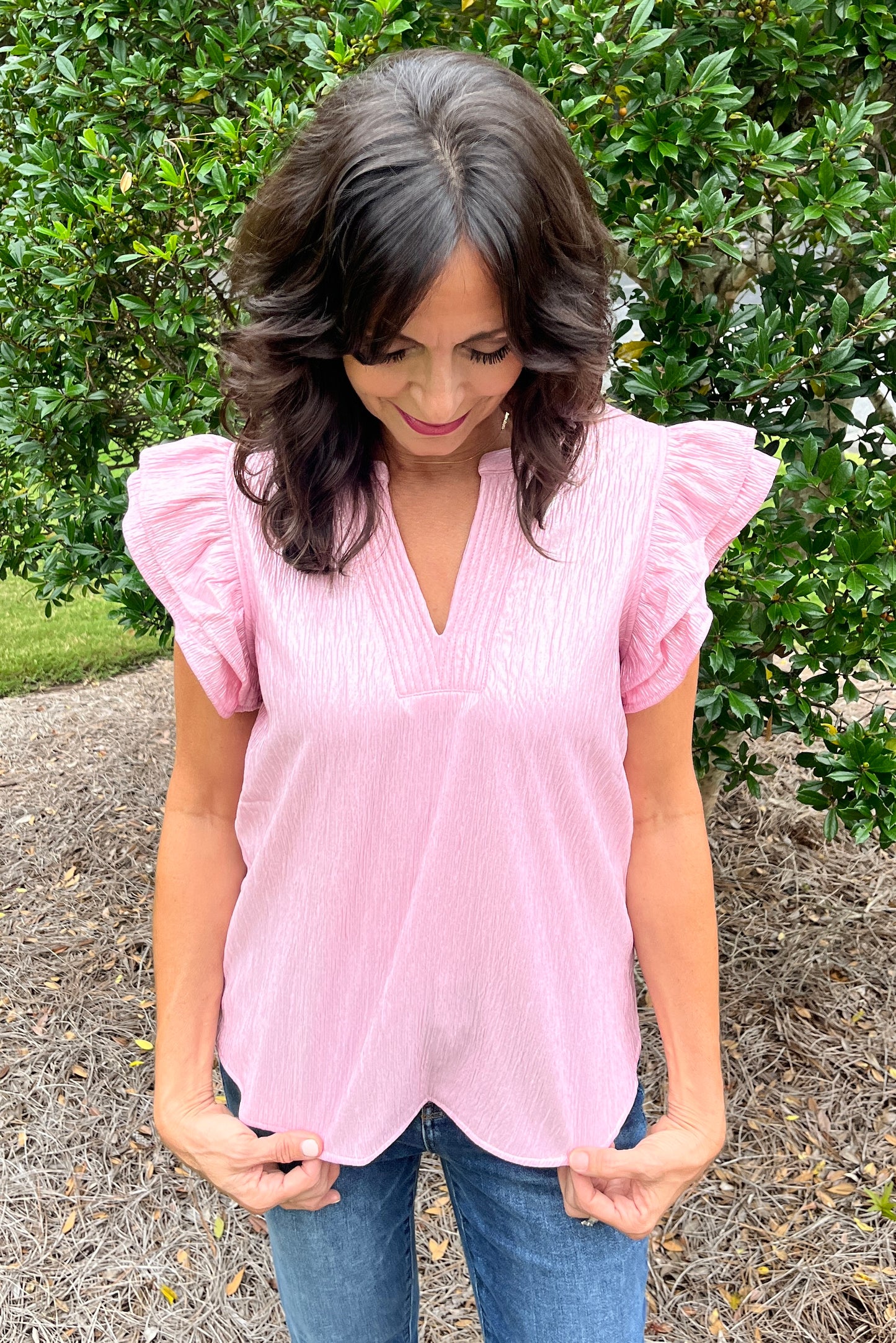Crinkled Pink Ruffle Sleeve Top