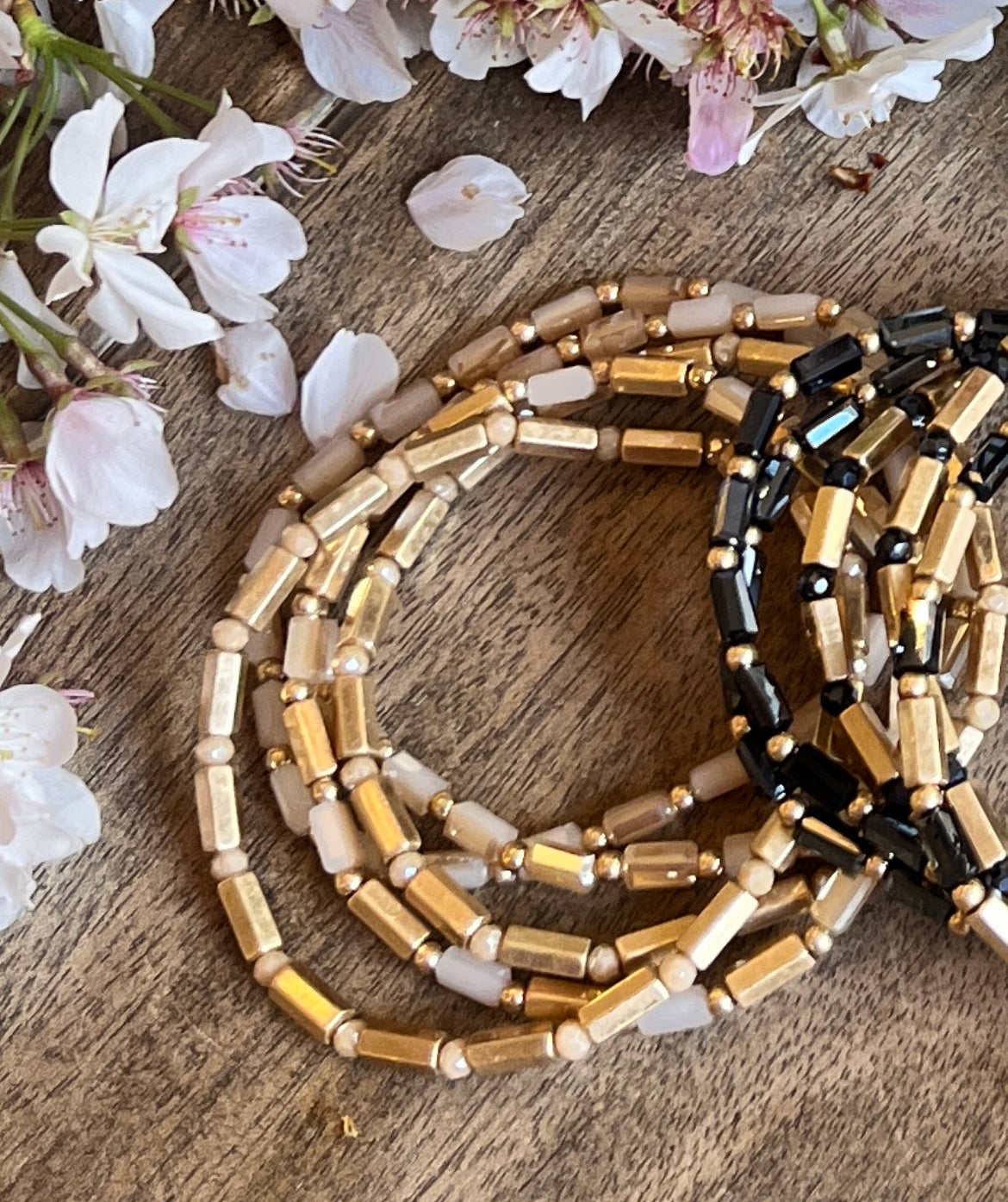 Crystal Bead & Gold Stretch Bracelet Set / 4 colors