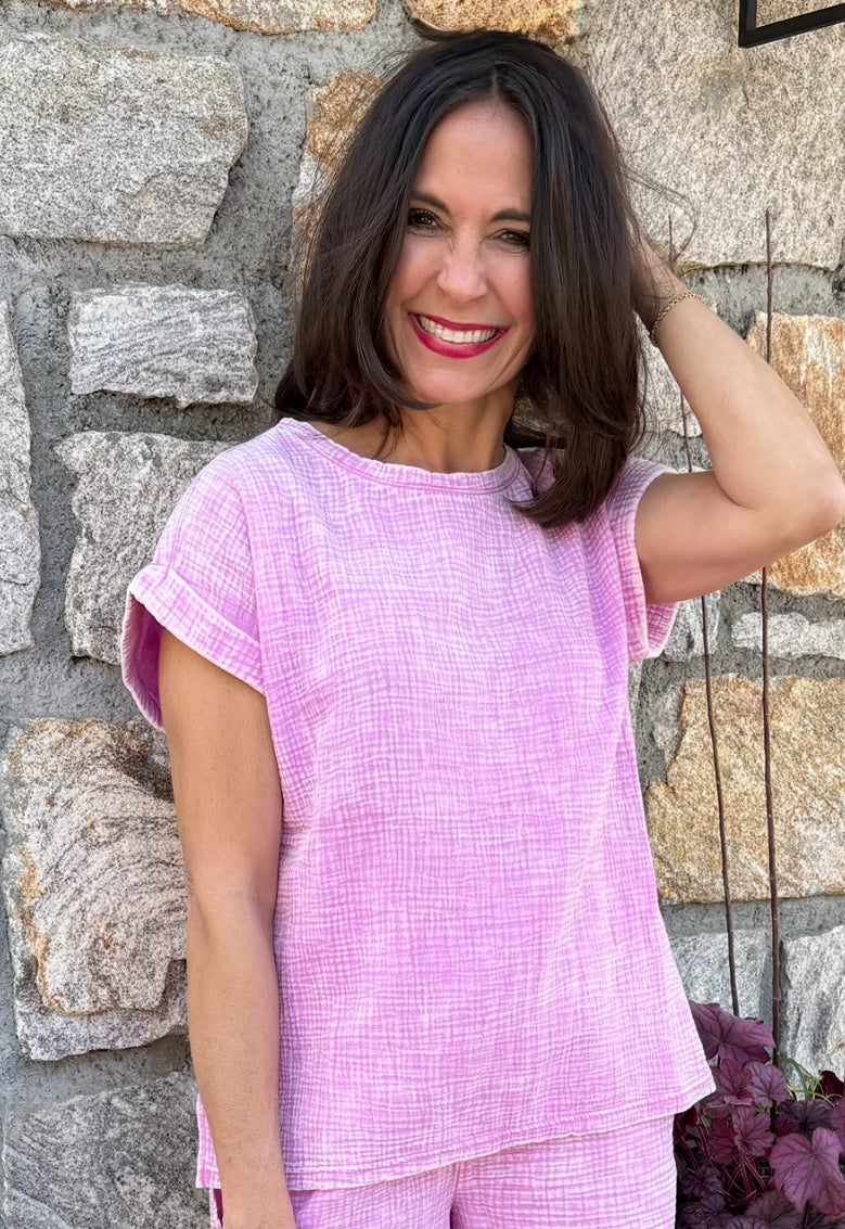 Woven Double Gauze Acid Washed Short Sleeve Top / 3 colors
