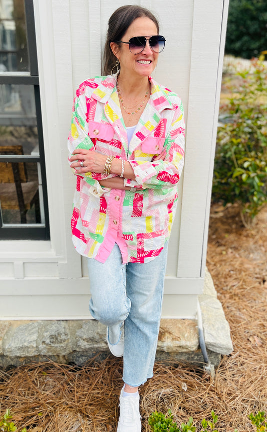 Plaid & Floral Embroidered Vintage Shacket