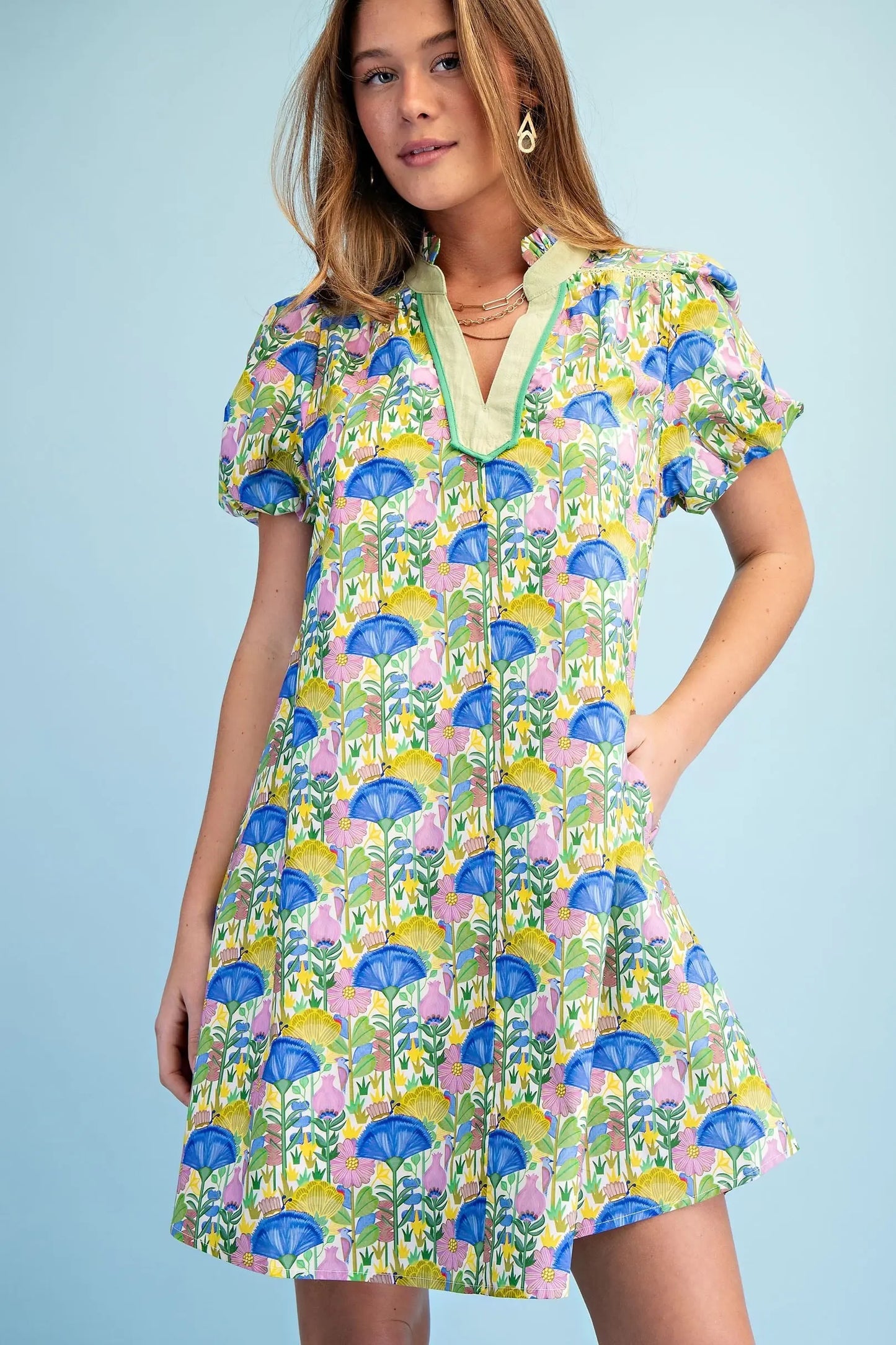 Printed Notch Neck Dress with Lace Trim Details and a Ruffled Neck