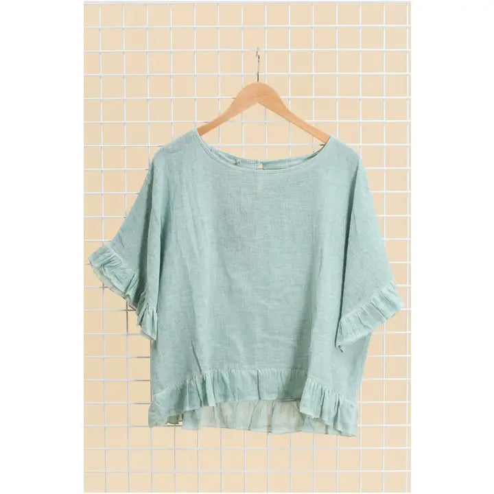 Italian Linen Ruffle Detail Short Sleeve top / 7 colors