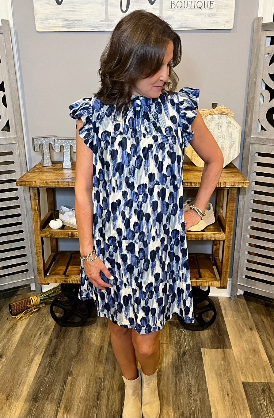 Blue Velvet Pleated Tie Back Shift Dress