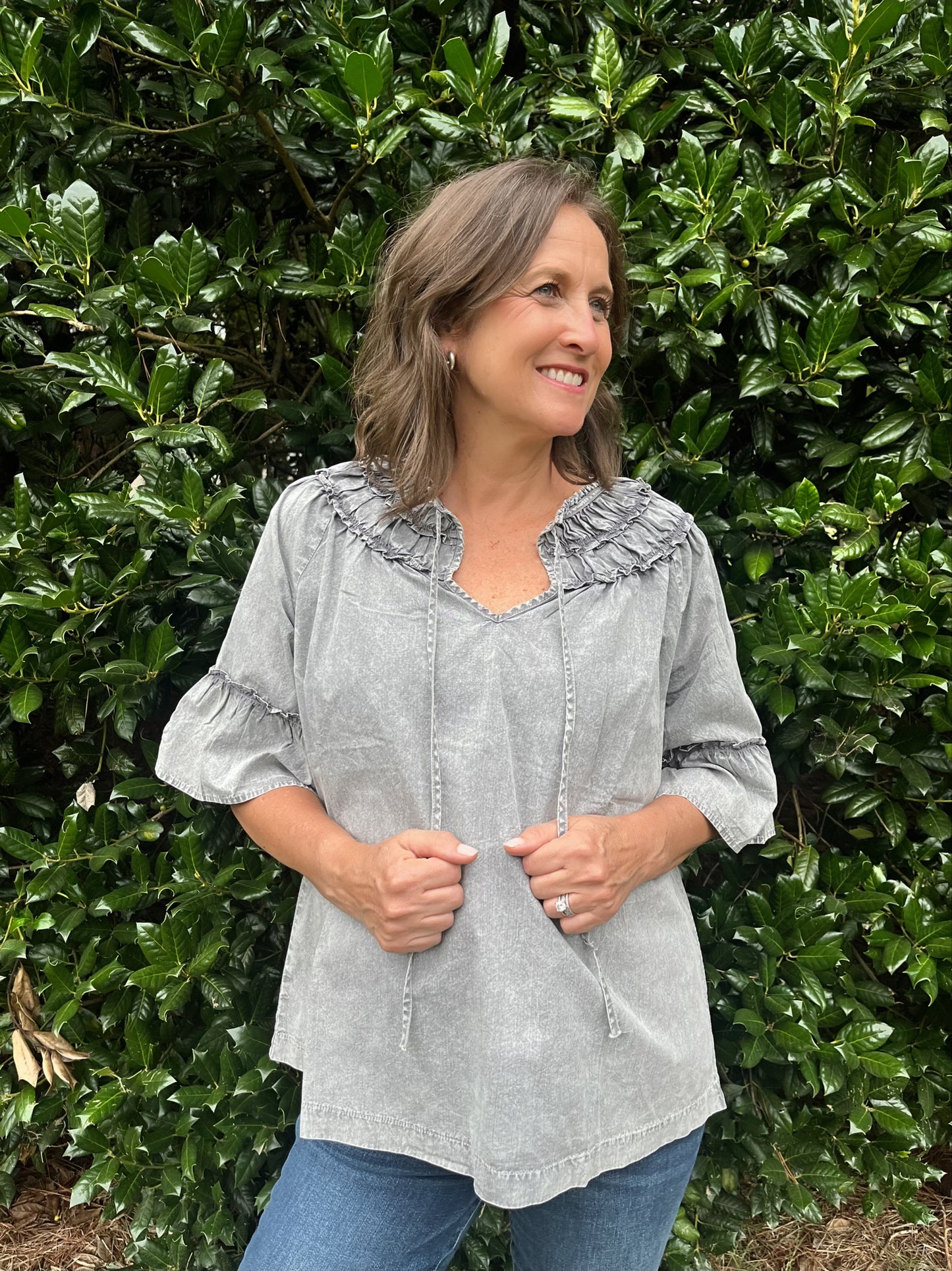 Vintage Grey washout Bell Sleeve Top