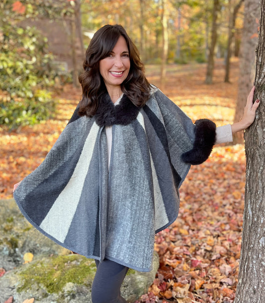 Multi Color Stripe Fur Accent Poncho Sweater