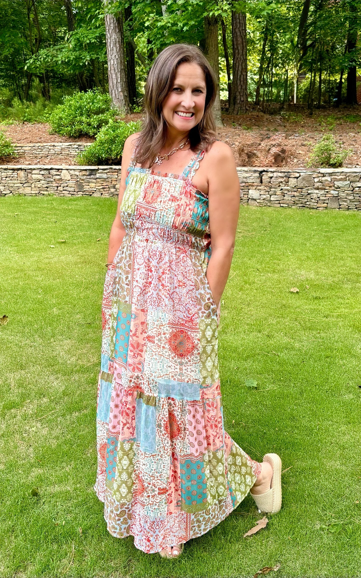 Smocked Top Coral Mix Patchwork Maxi Dress